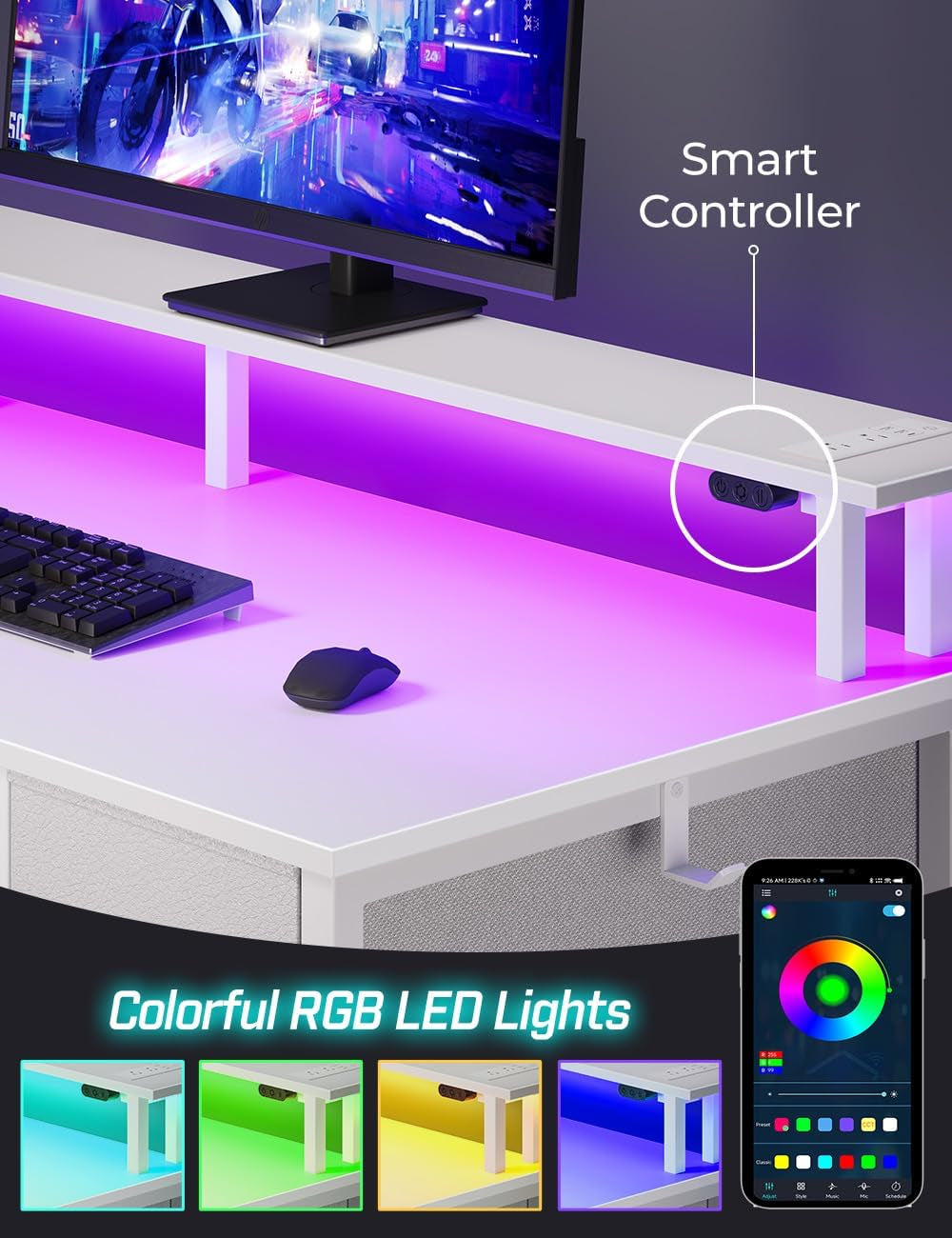 39 Inch Computer Desk Power Outlets LED Light White
