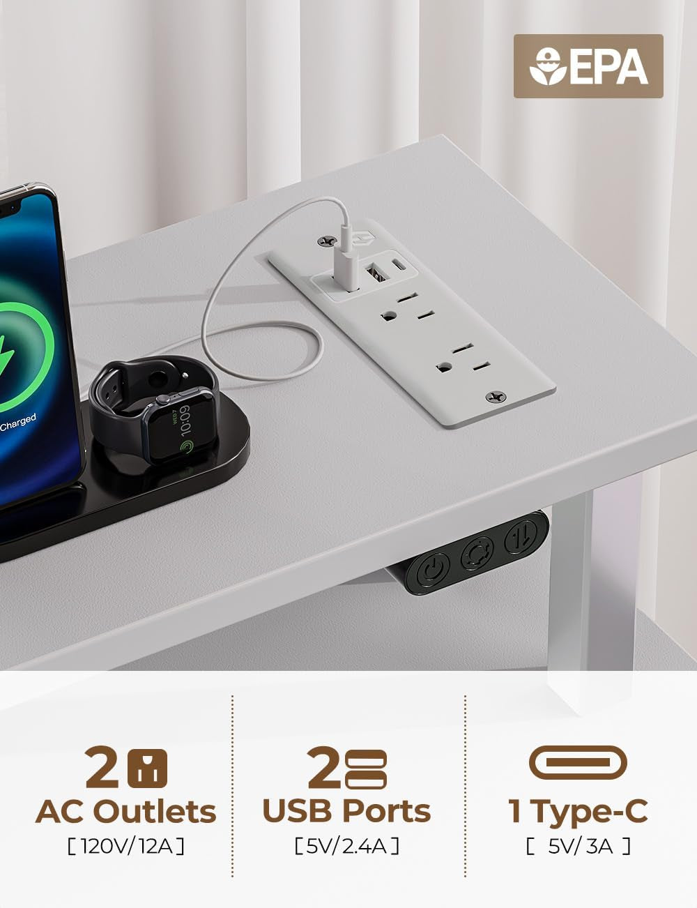 39 Inch Computer Desk Power Outlets LED Light White
