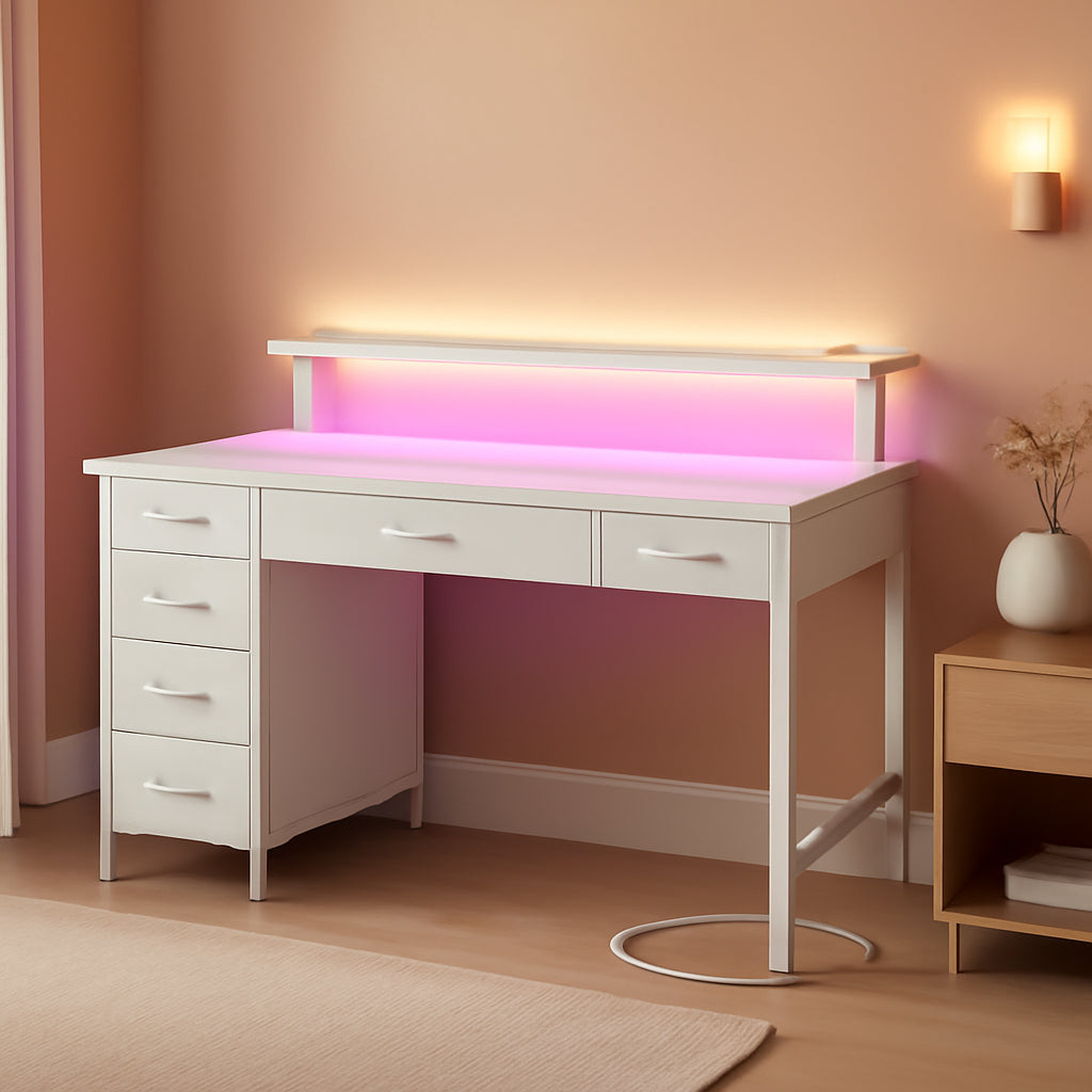 39 Inch Computer Desk Power Outlets LED Light White