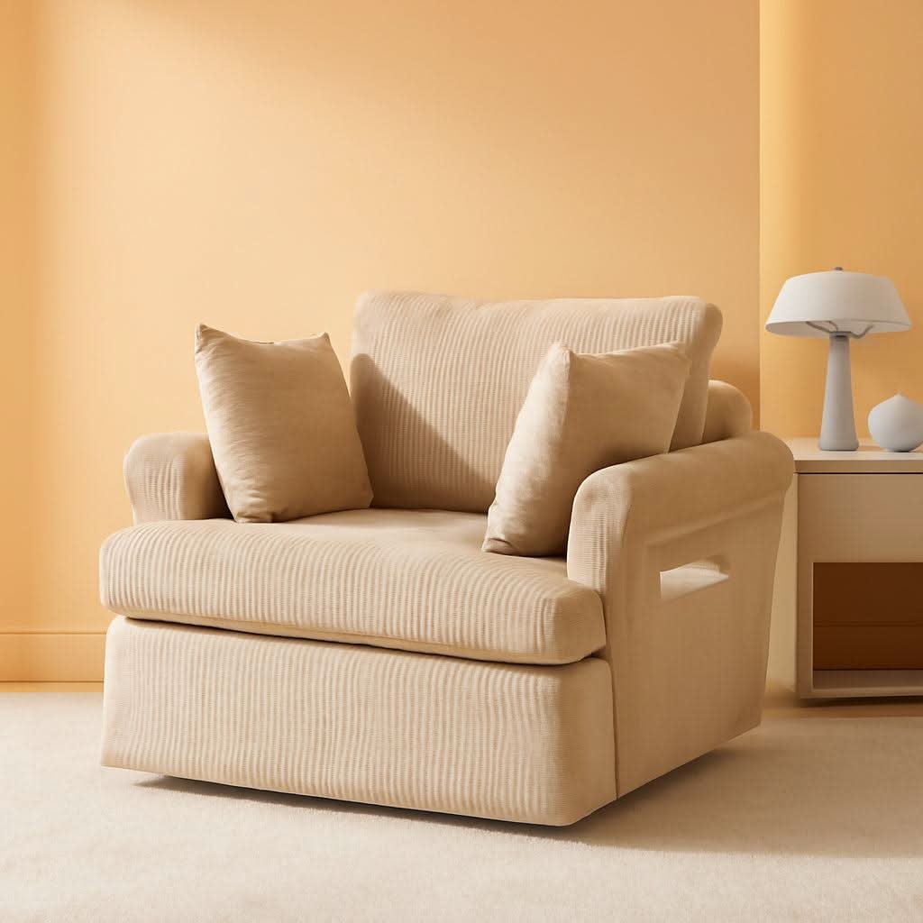 39 Inch Khaki Corduroy Swivel Barrel Chair Open Back
