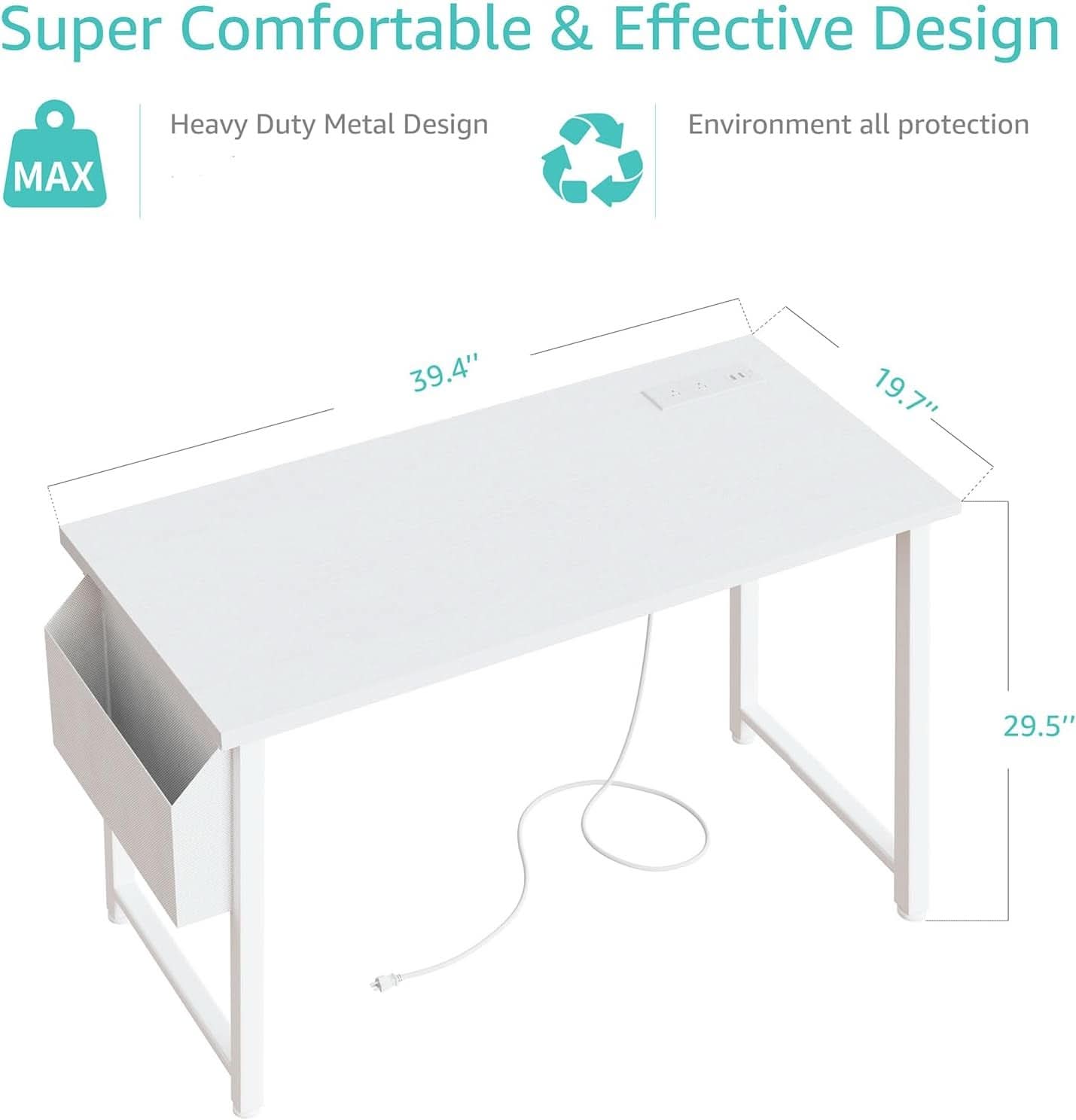 39 Inch White Computer Desk With Built In Power Outlets
