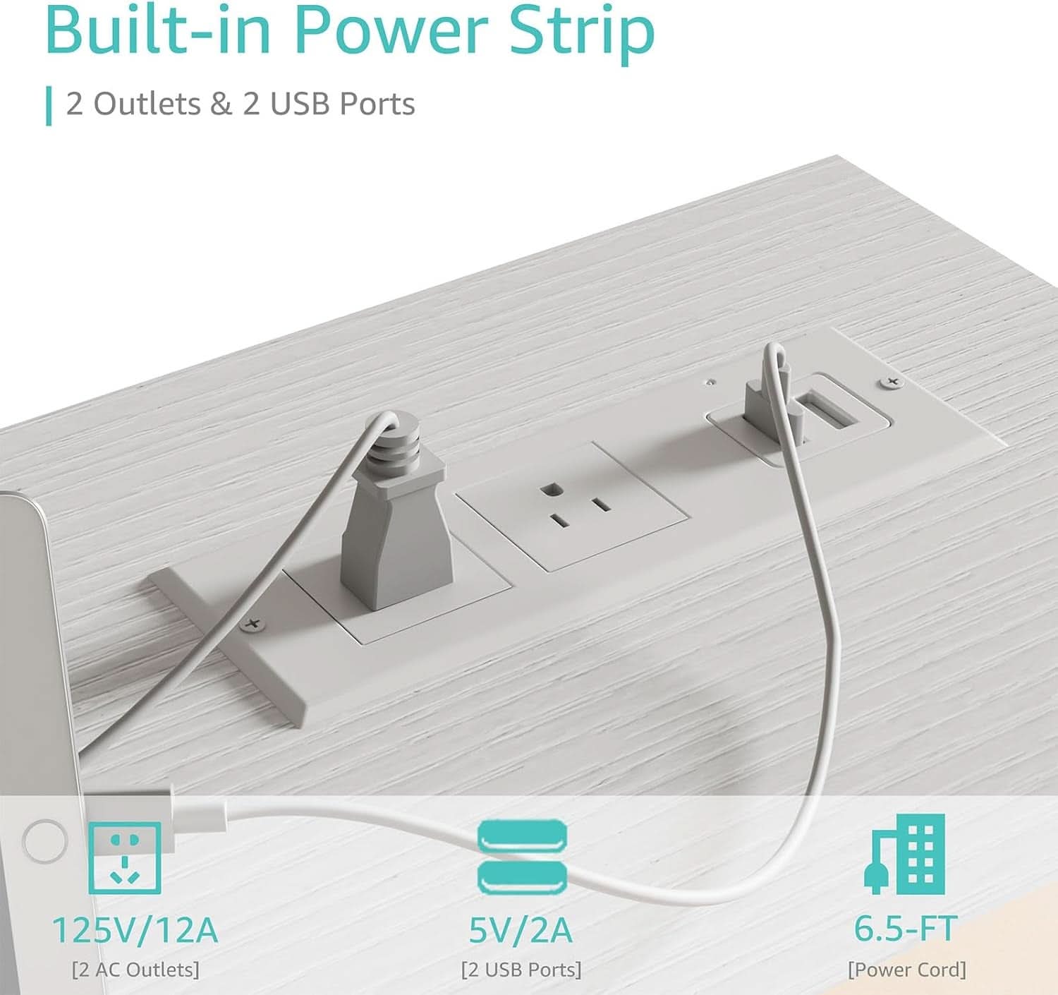 39 Inch White Computer Desk With Built In Power Outlets