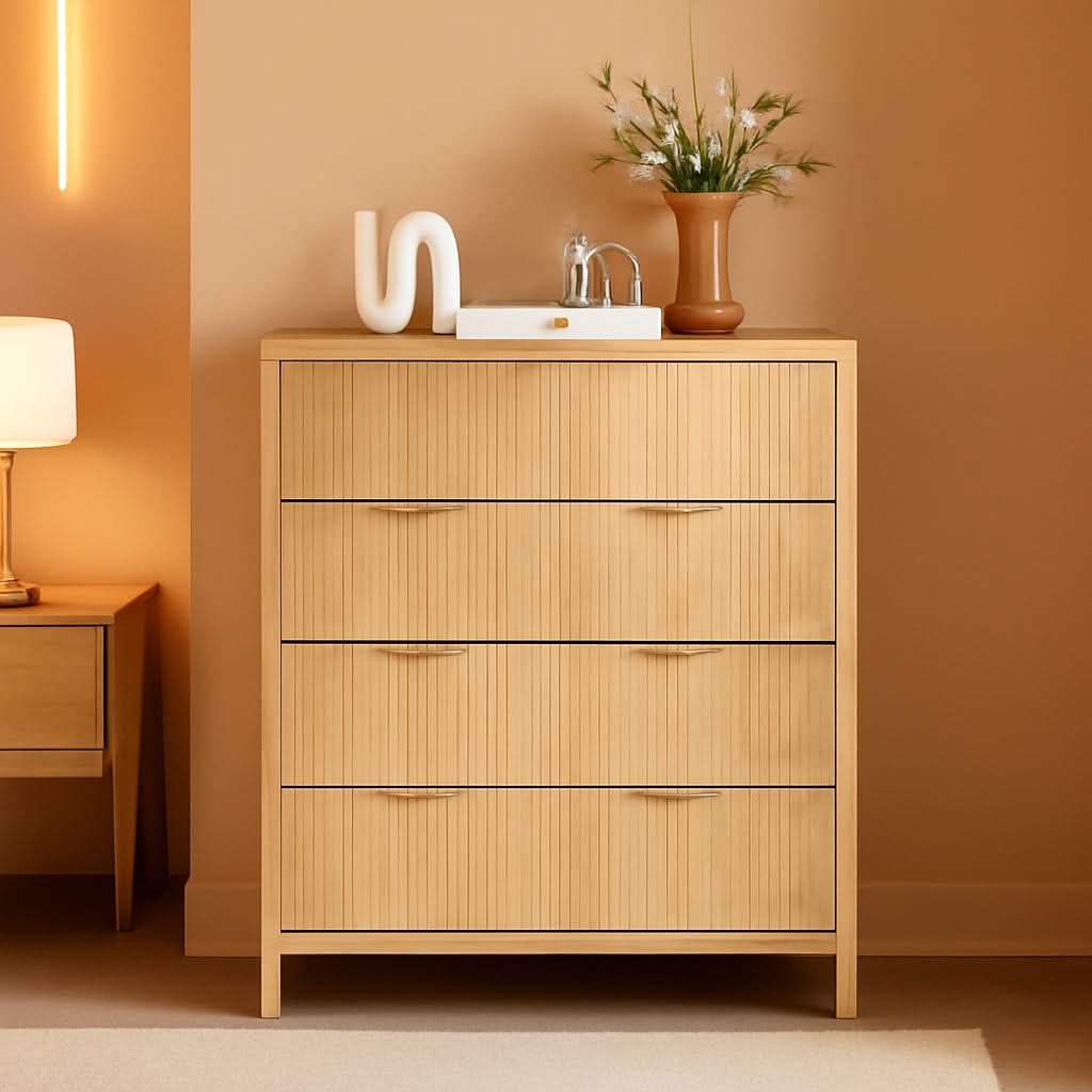 4 Drawer Dresser With Fluted Wave Panel Natural Wood