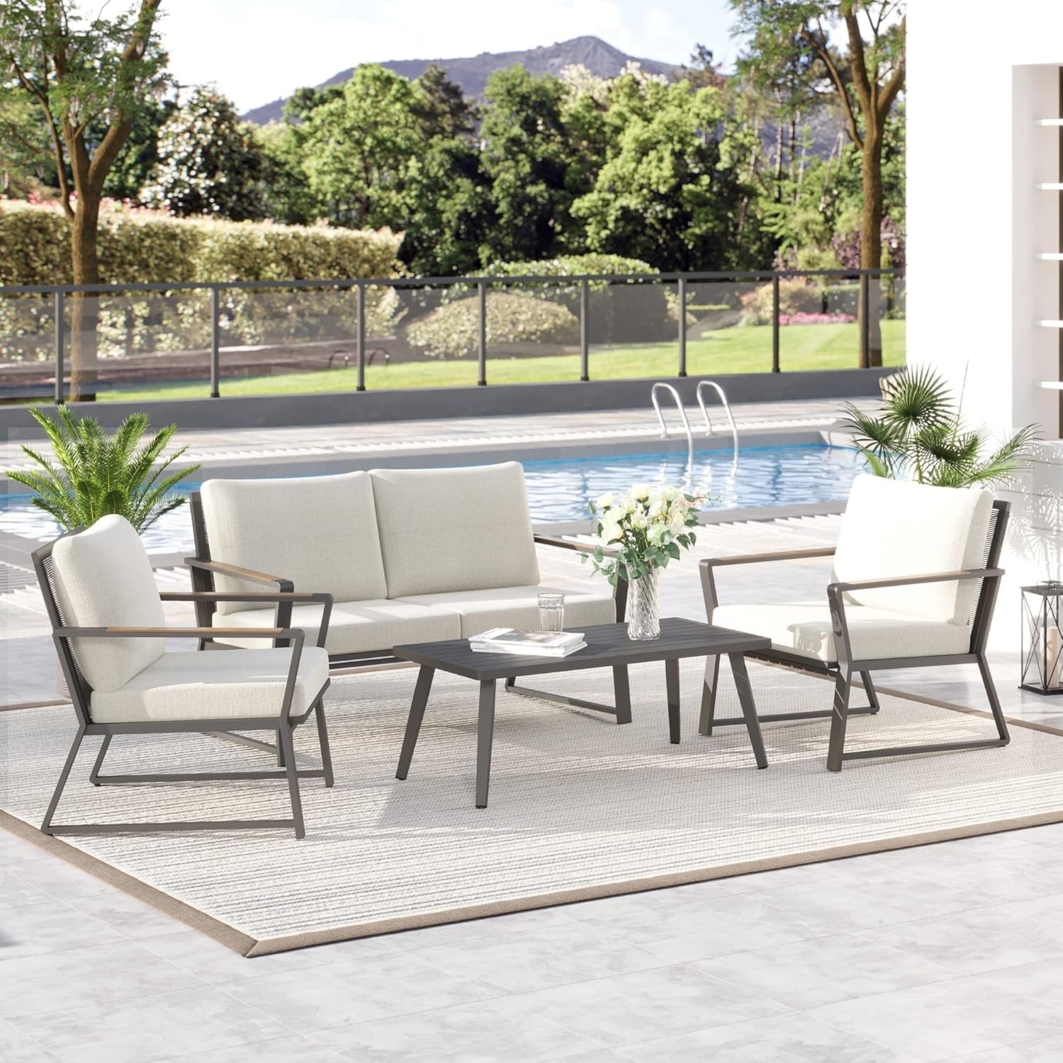 4 Piece Aluminum Patio Furniture Set Cream White Cushions