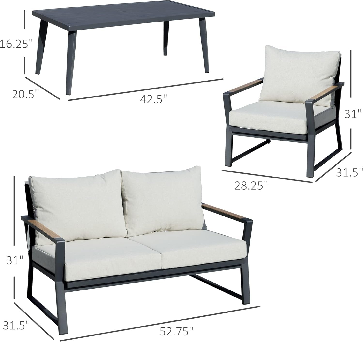 4 Piece Aluminum Patio Furniture Set Cream White Cushions