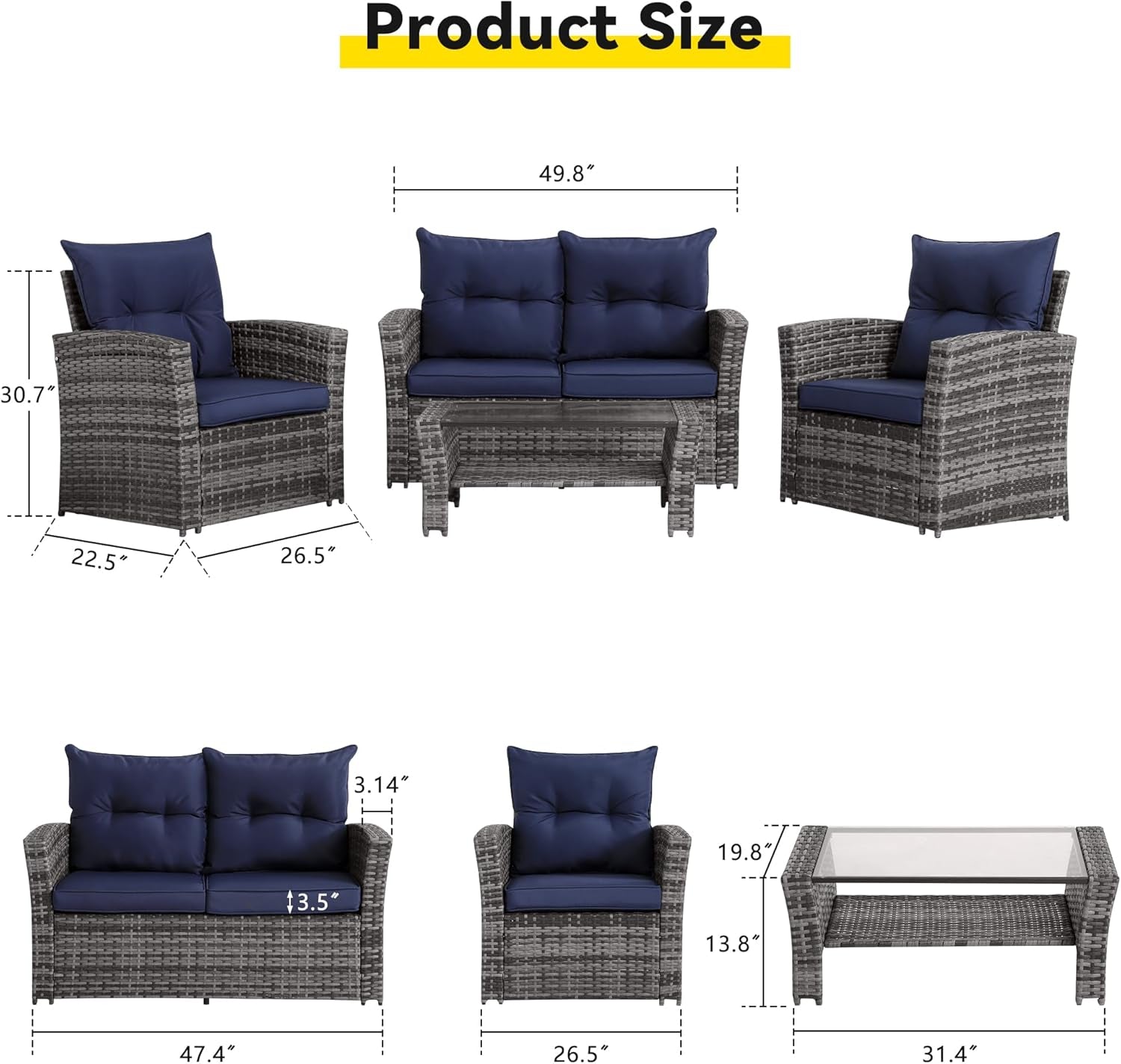 4 Piece Navy Outdoor Patio Furniture Set With Glass Table