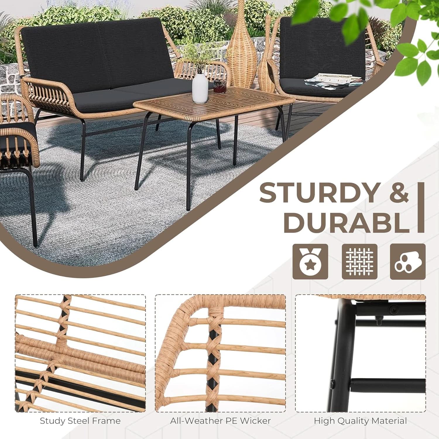 4 Piece Outdoor Patio Furniture Set AllWeather Wicker With Cushions CoffeeTable