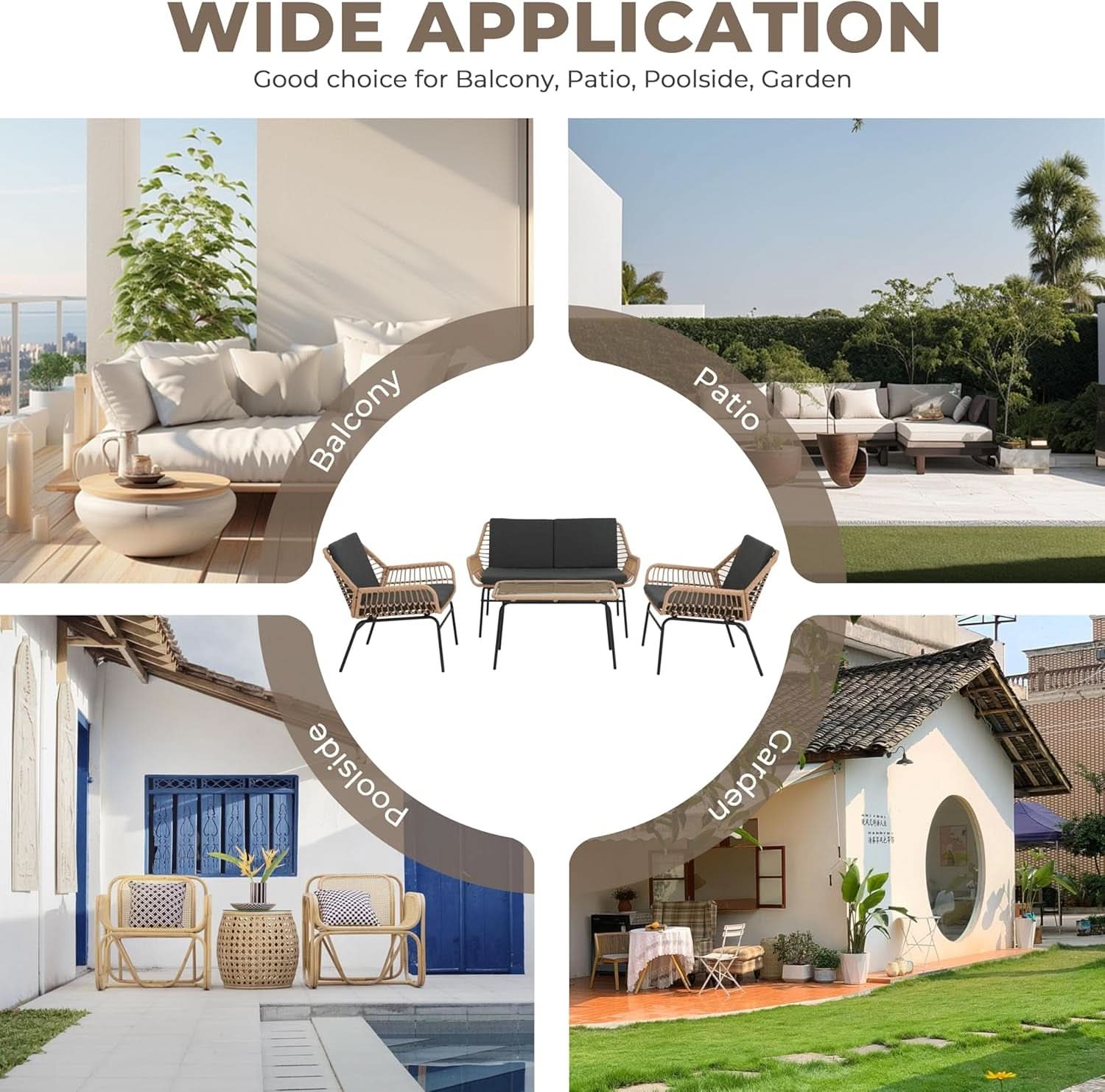 4 Piece Outdoor Patio Furniture Set AllWeather Wicker With Cushions CoffeeTable