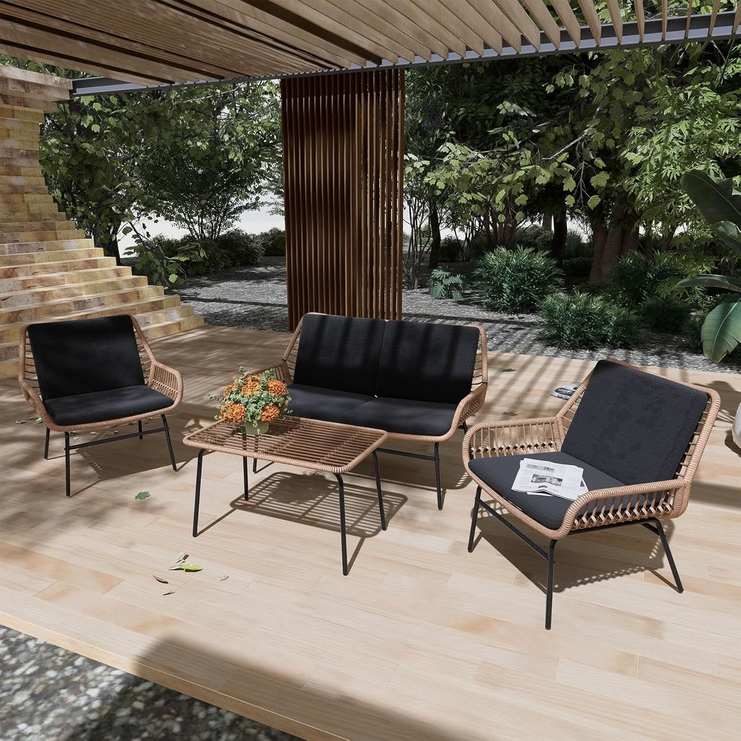 4 Piece Outdoor Patio Furniture Set AllWeather Wicker With Cushions CoffeeTable