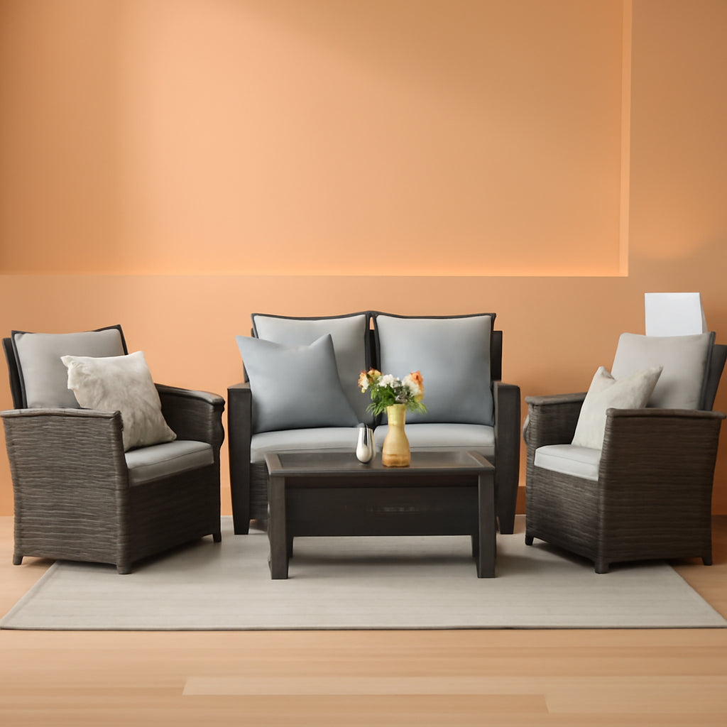 4 Piece Outdoor Patio Furniture Set Wicker Conversation Gray Cushioned
