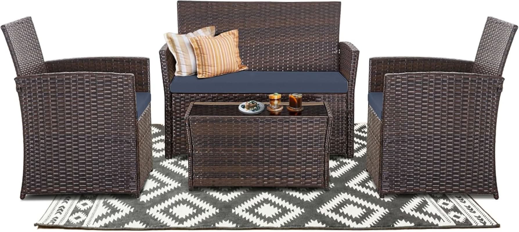 4 Piece Outdoor Patio Furniture Set Wicker Sofa With Coffee Table Gray Cushions
