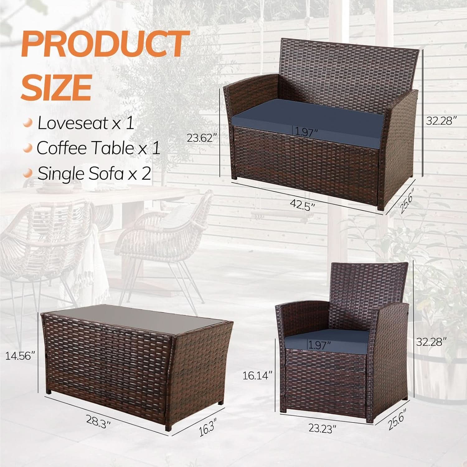 4 Piece Outdoor Patio Furniture Set Wicker Sofa With Coffee Table Gray Cushions