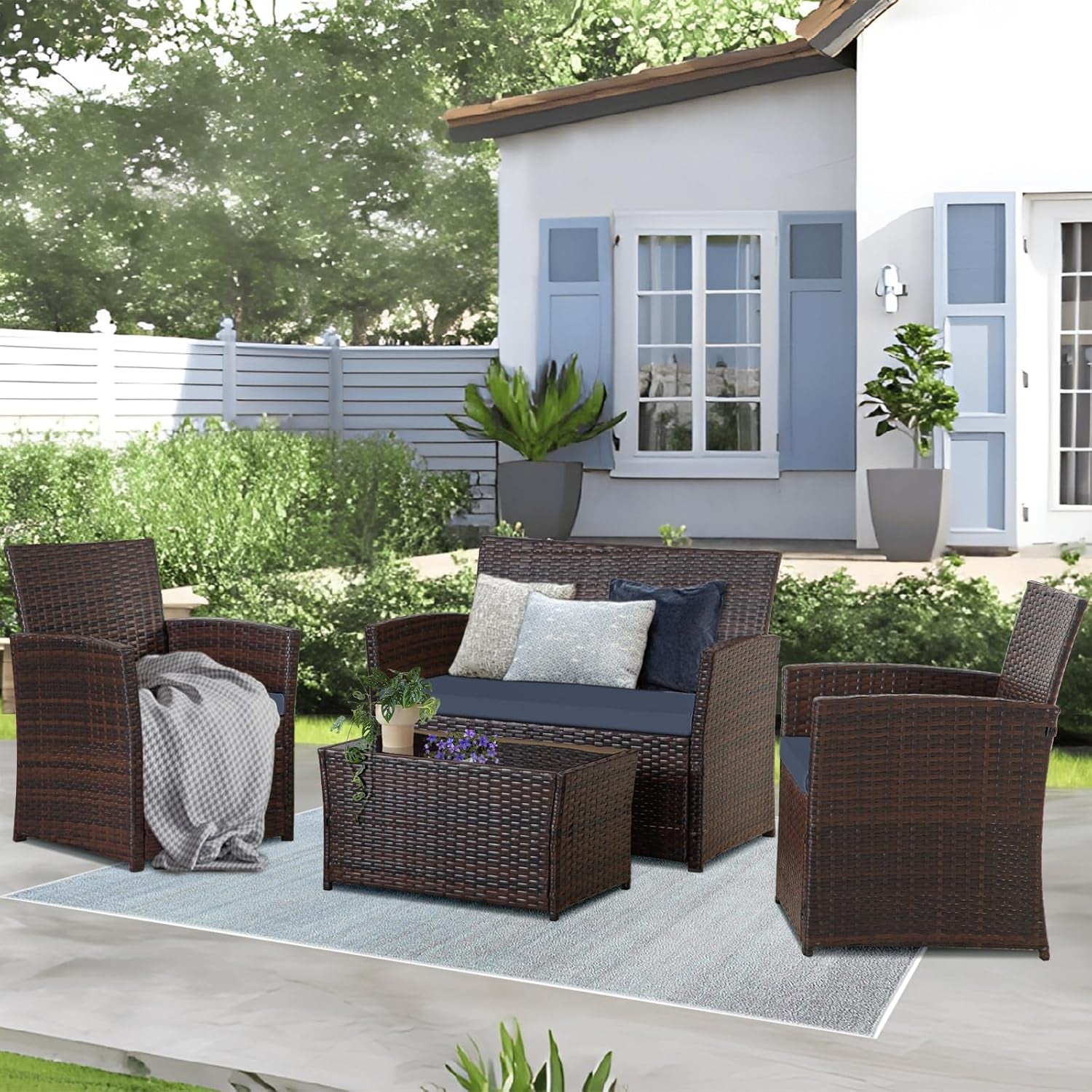 4 Piece Outdoor Patio Set Brown Rattan Wicker Sofa Glass Coffee Table