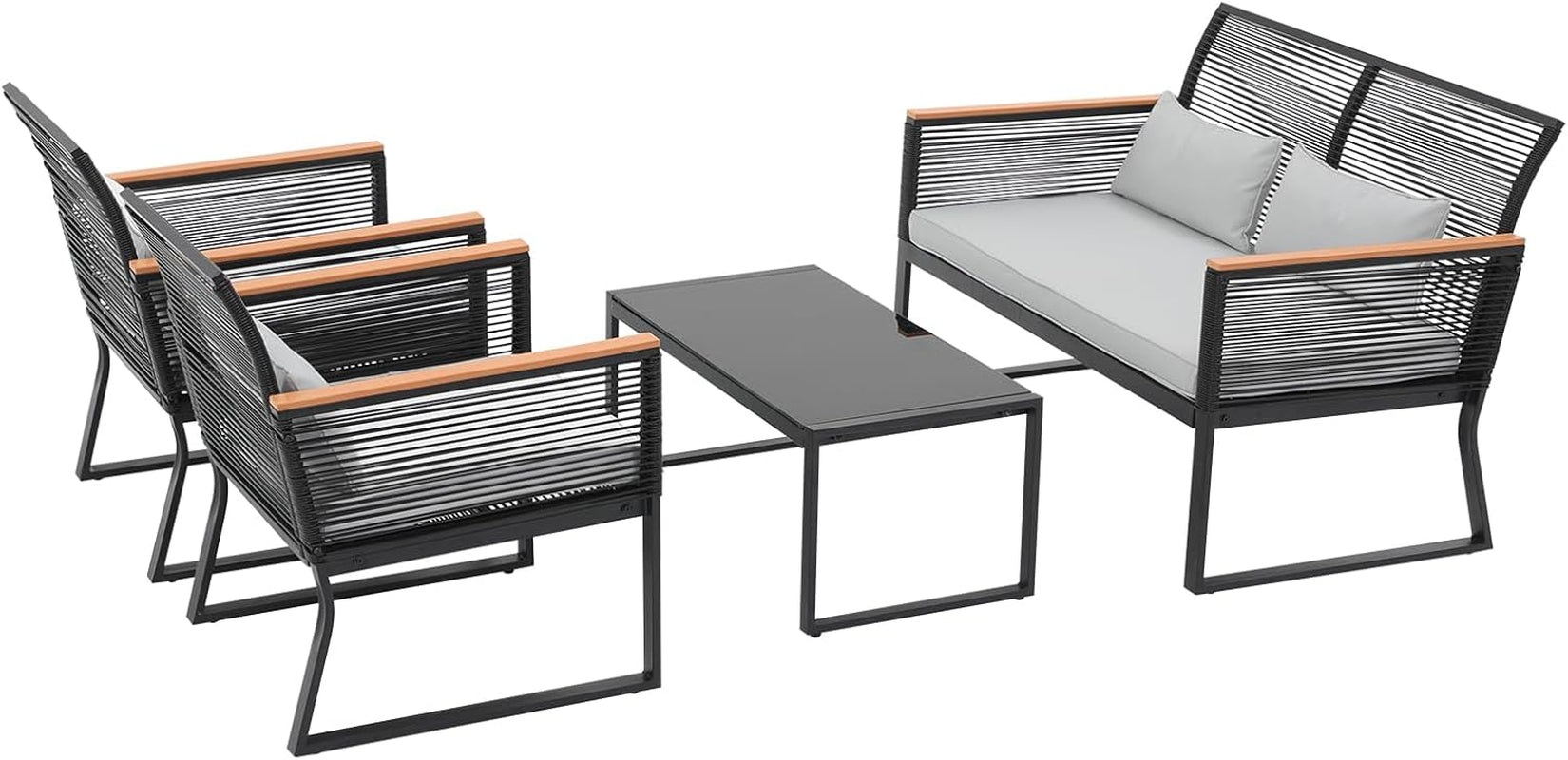 4 Piece Outdoor Wicker Patio Conversation Set With Light Grey Cushions