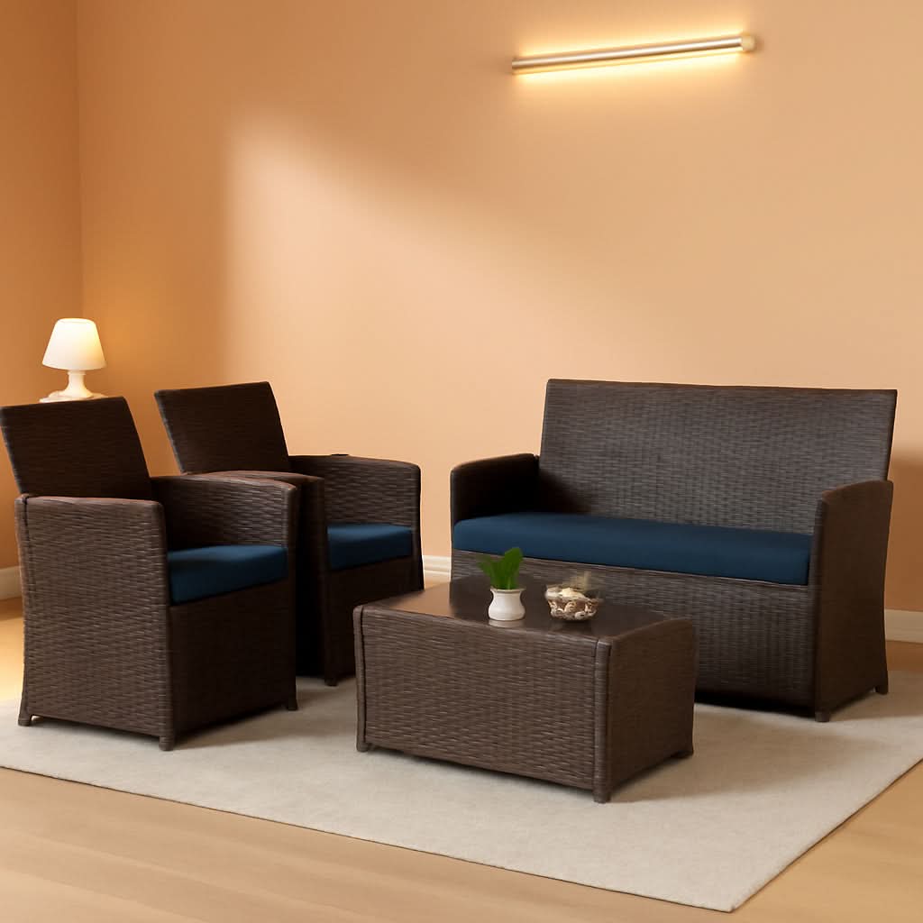 4 Piece Outdoor Wicker Patio Furniture Set Brown Blue