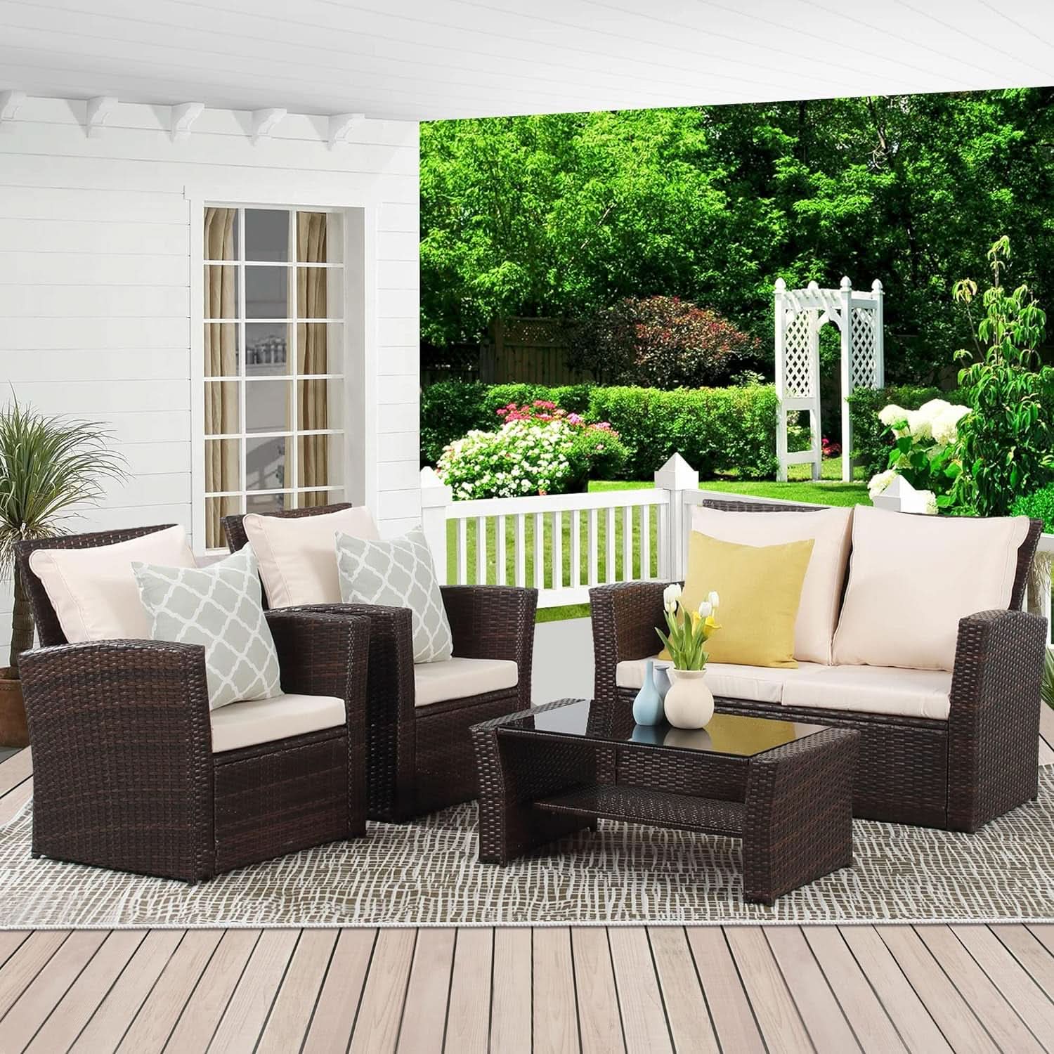 4 Piece Outdoor Wicker Patio Furniture Set Brown Cushions