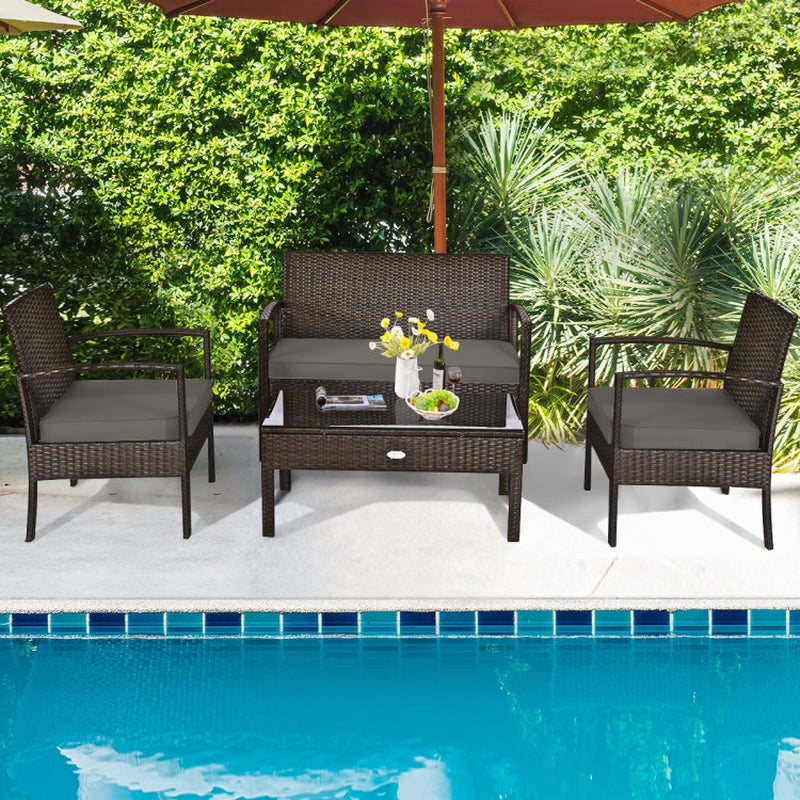 4-Piece Patio Rattan Cushioned Furniture Set With Table