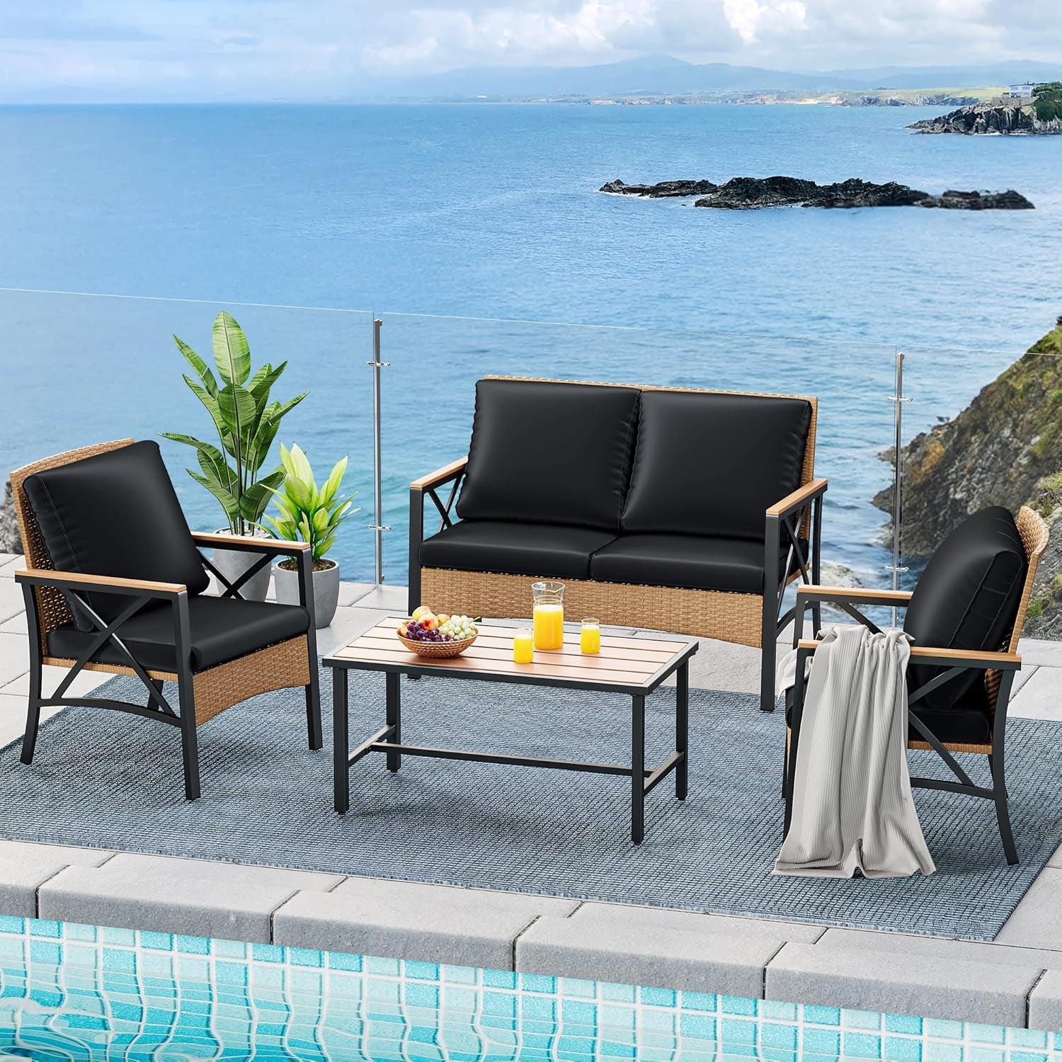 4 Piece Patio Wicker Set With Wood Armrests Light Brown And Black