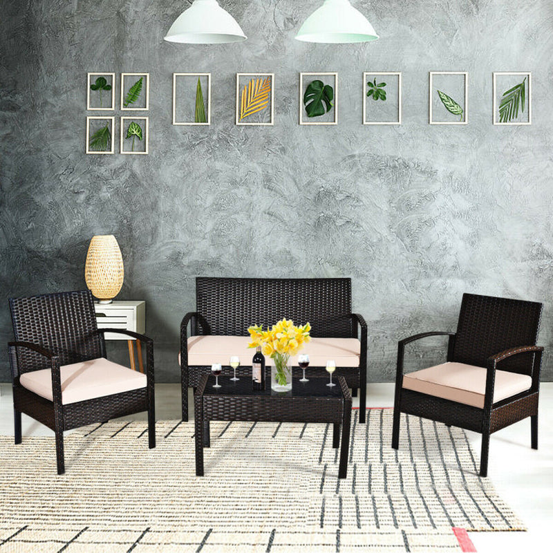 4-Piece Rattan Patio Conversation Set With Coffee Table