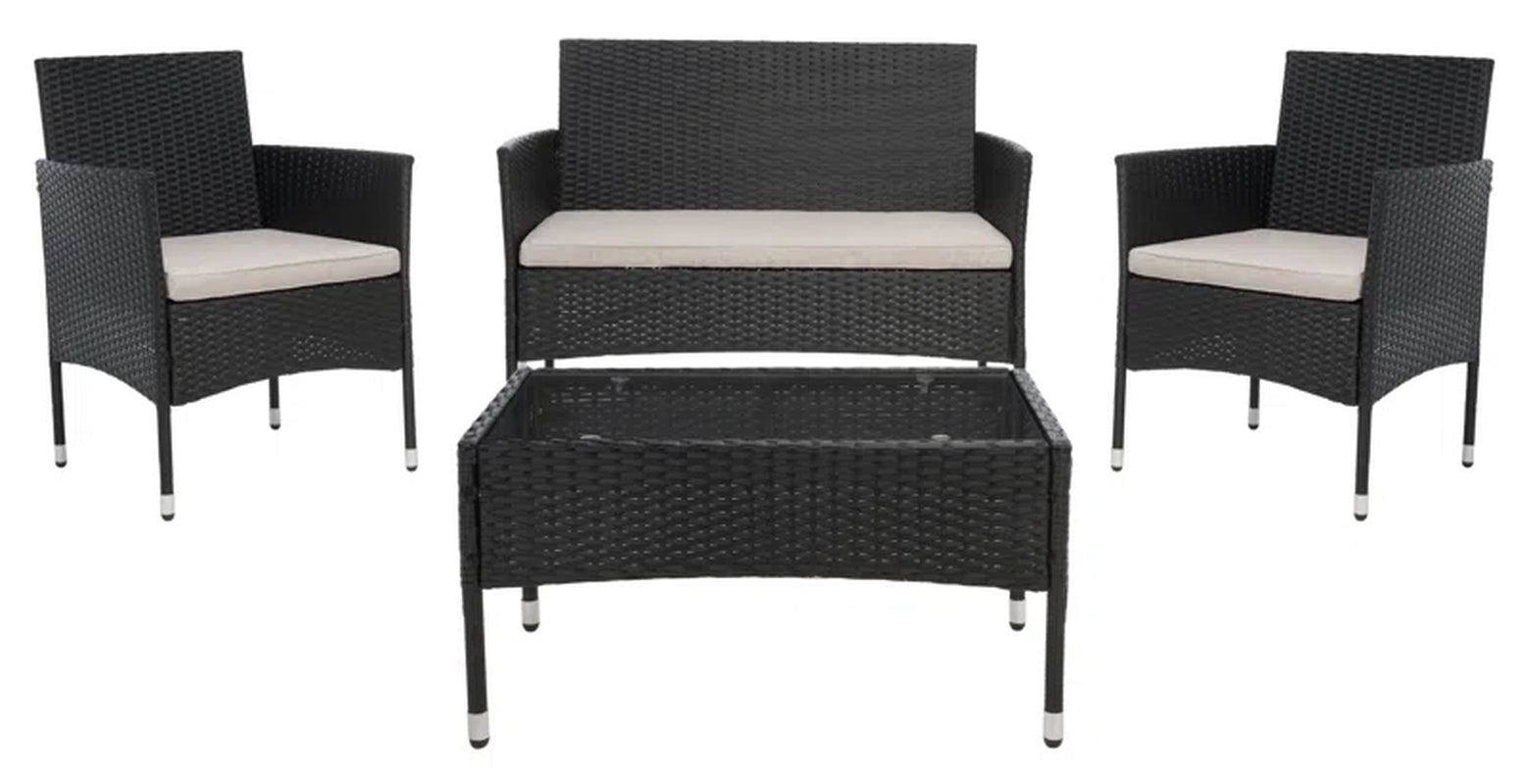 4 Piece Rattan Patio Set With Gray Cushions And Glass Top