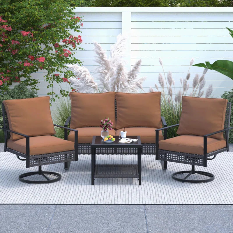 4 Piece Swivel Chair Set With Cushions Weather Resistant