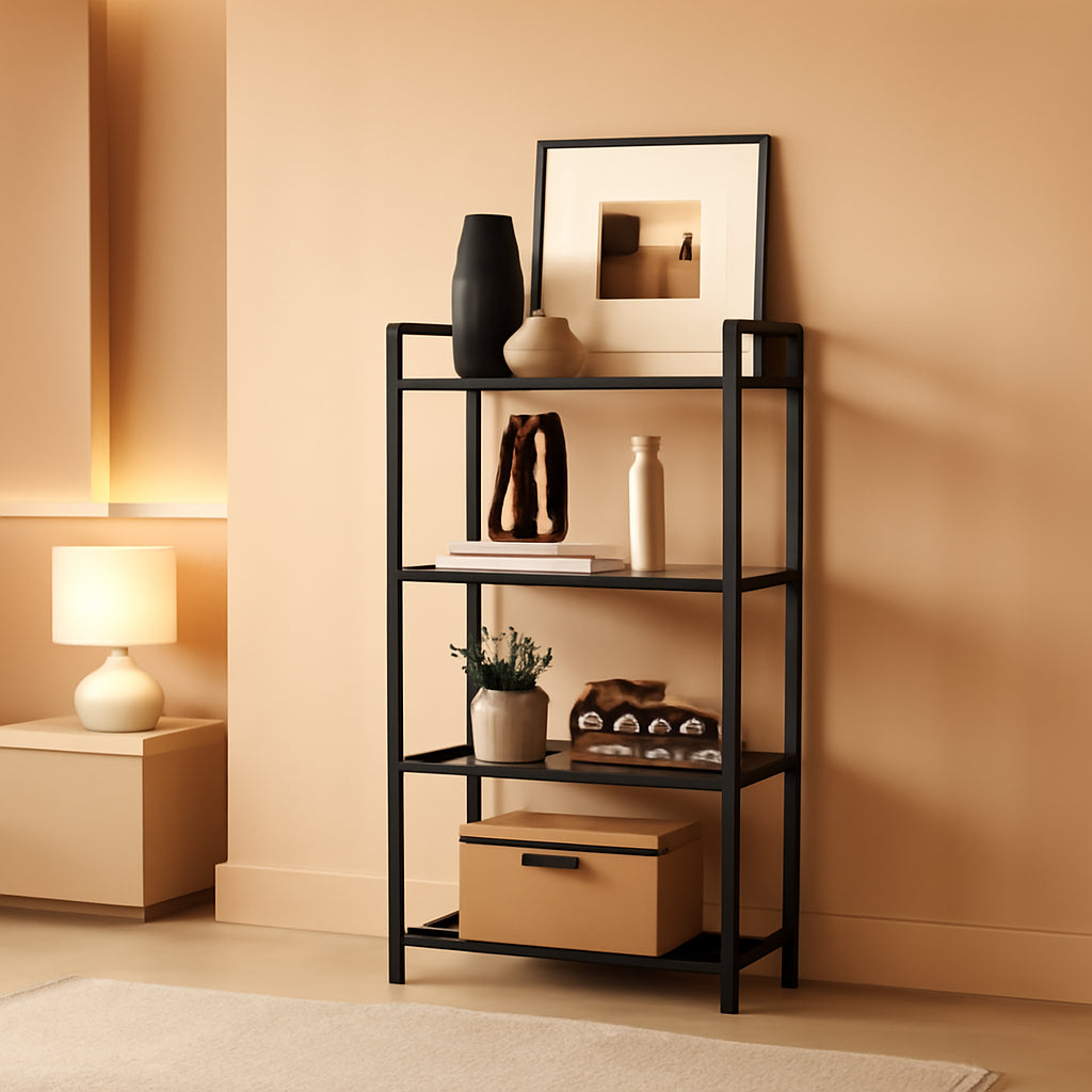 4 Tier Bookshelf In Black Frame With Greige Shelves