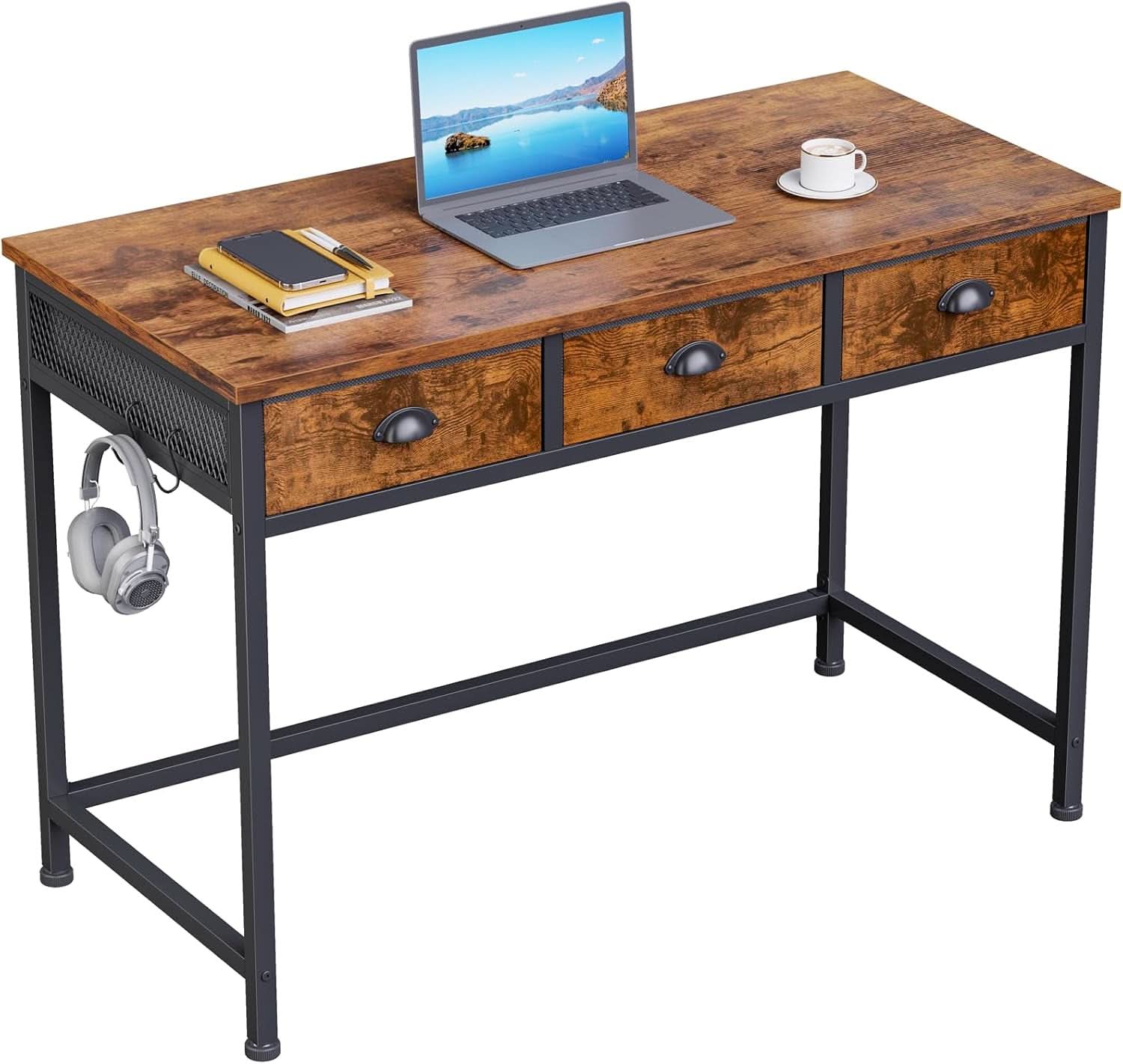 40 Inch Rustic Brown Computer Desk With 3 Fabric Drawers