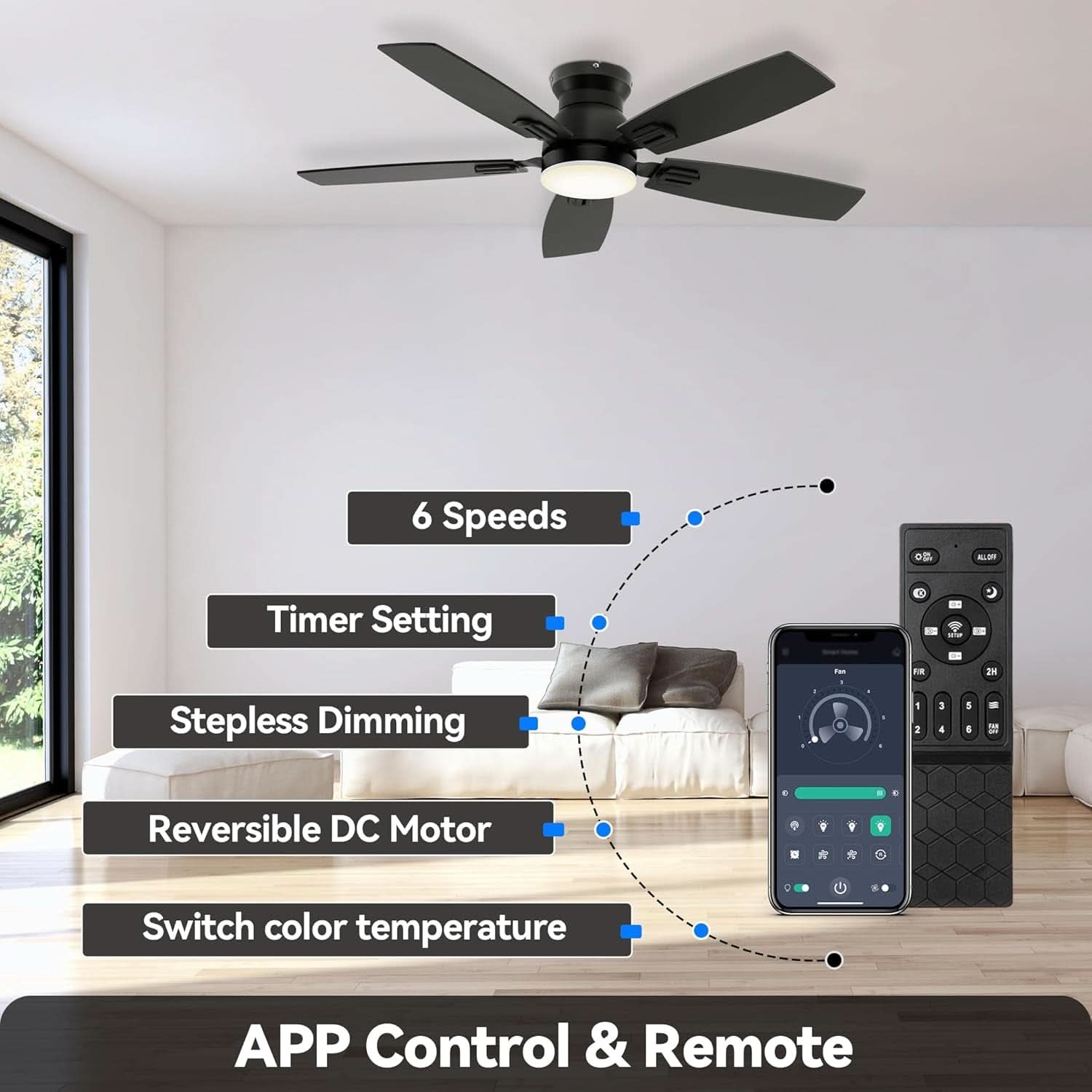 42 Inch Ceiling Fan With Remote Control Light Kit Low Profile