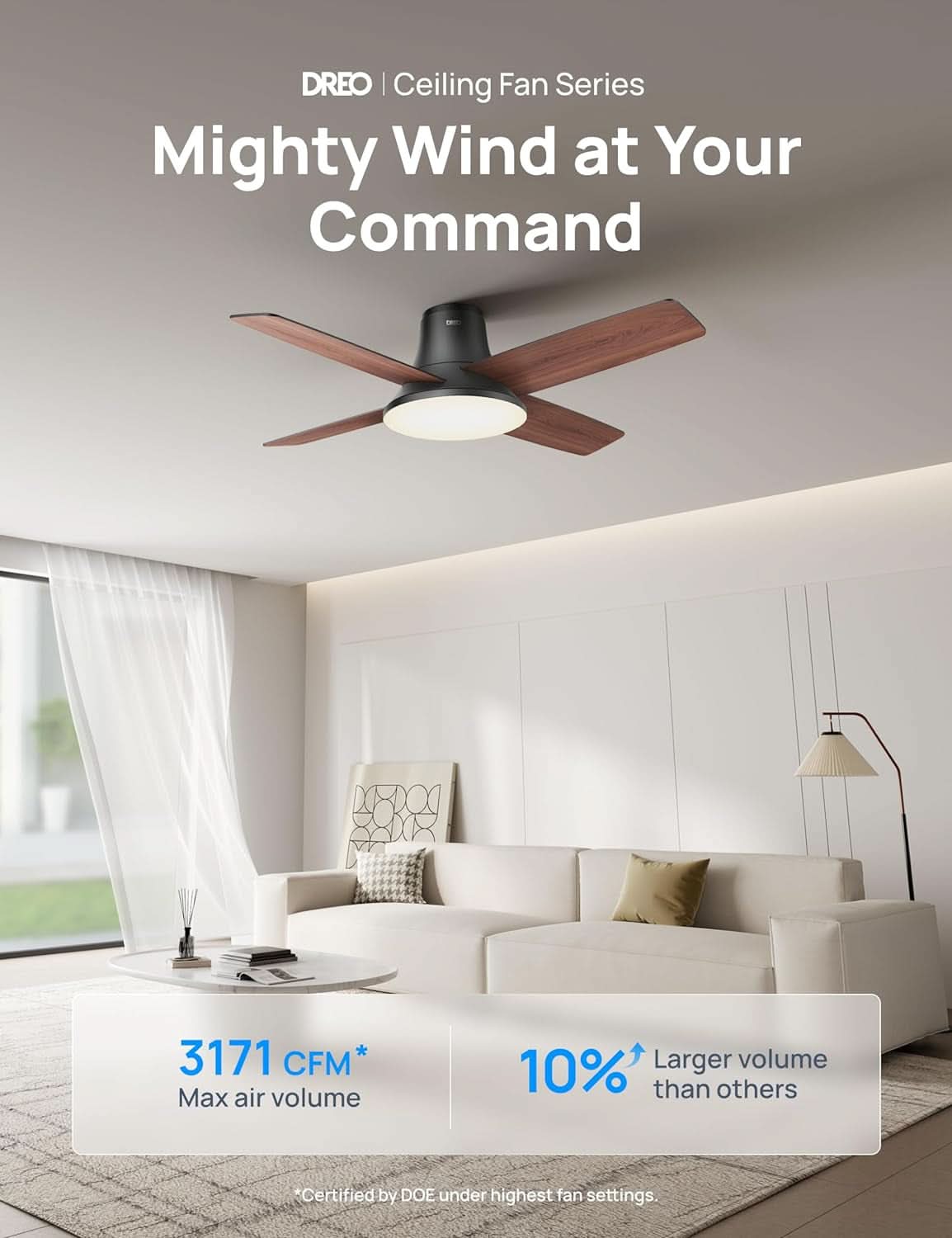 44 Inch Low Profile Black Ceiling Fan With Dimmable LED