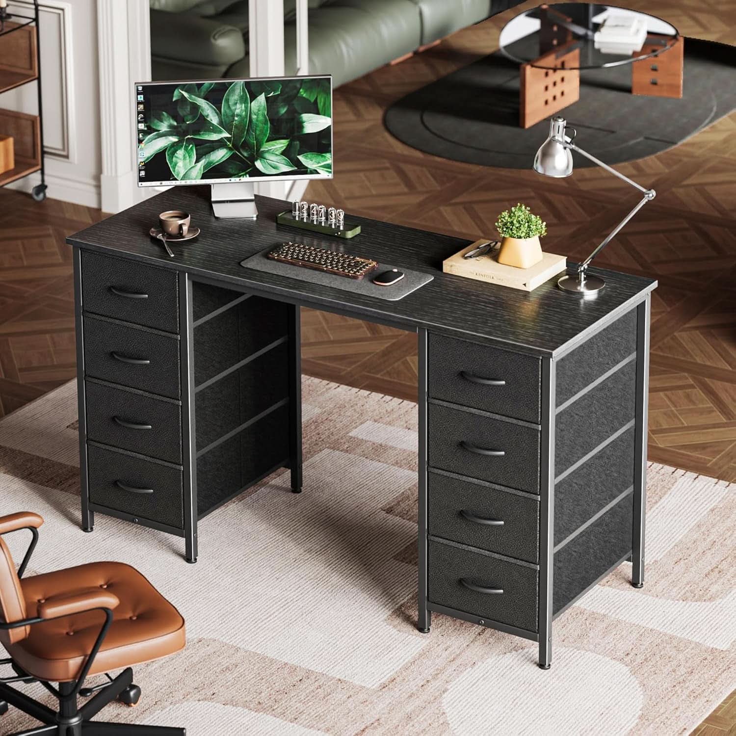 47 Inch Computer Desk Black With 8 Drawers Large Storage