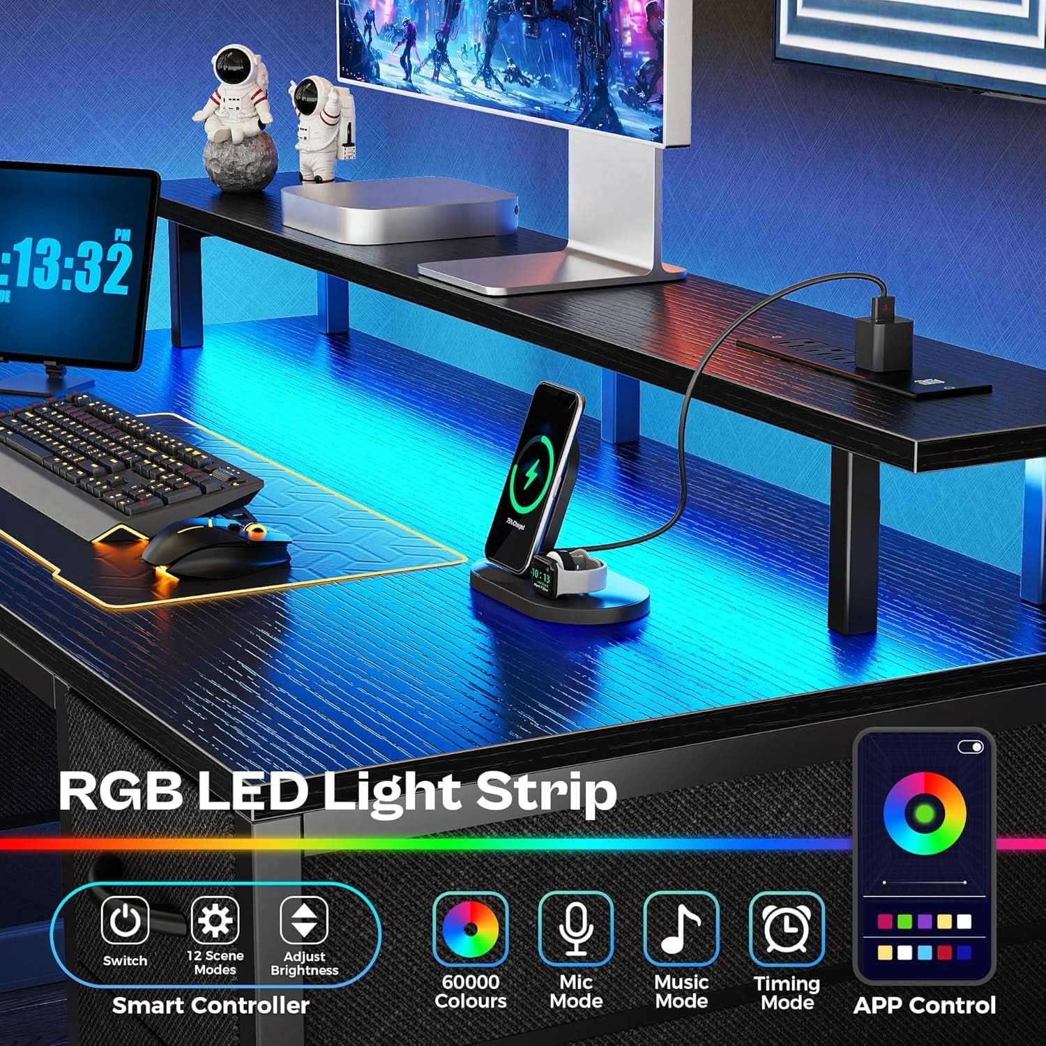 47 Inch Computer Desk With 4 Drawers And LED Lights Black