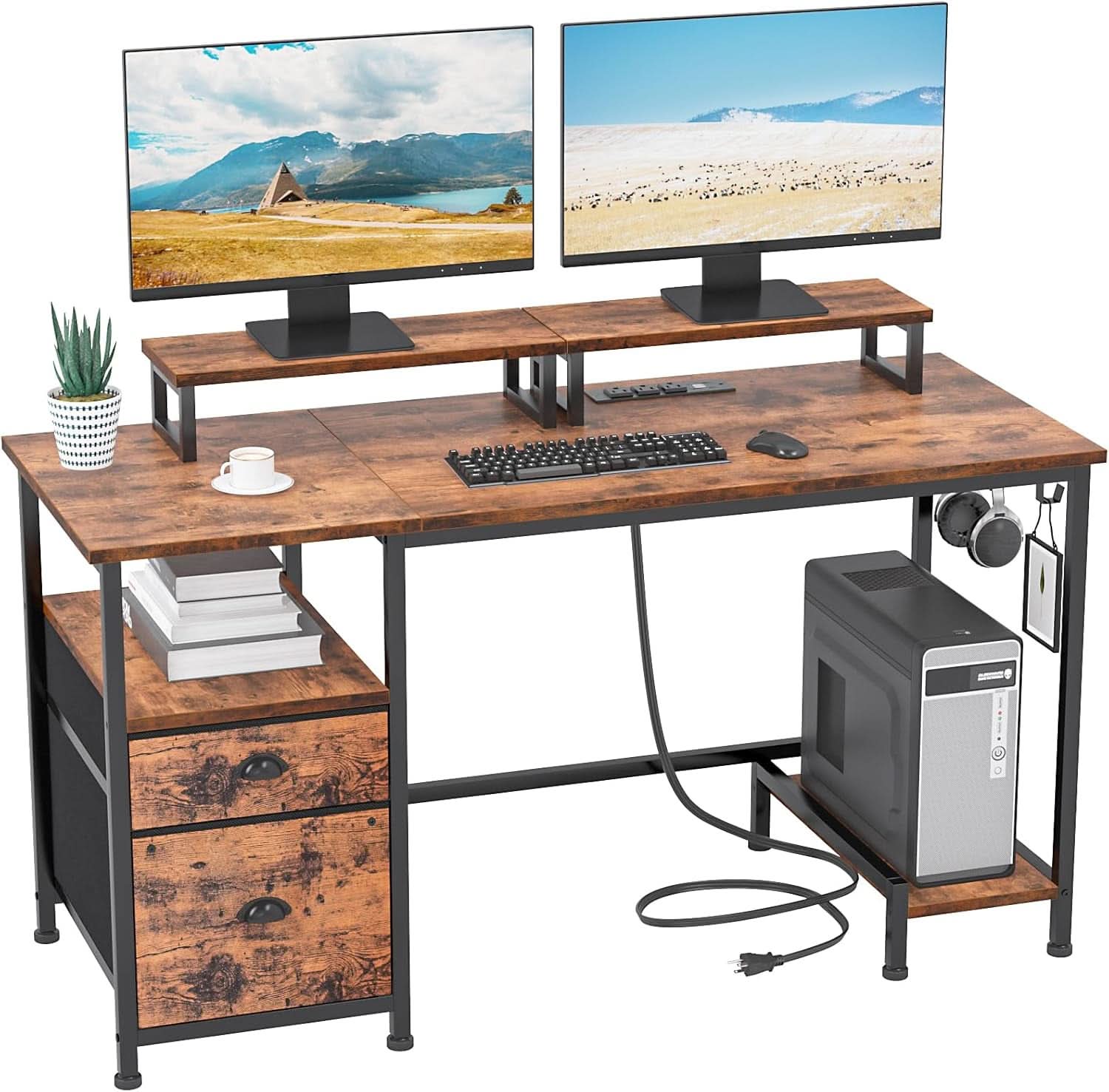 47 Inch Computer Desk With Power Outlets Monitor Stands