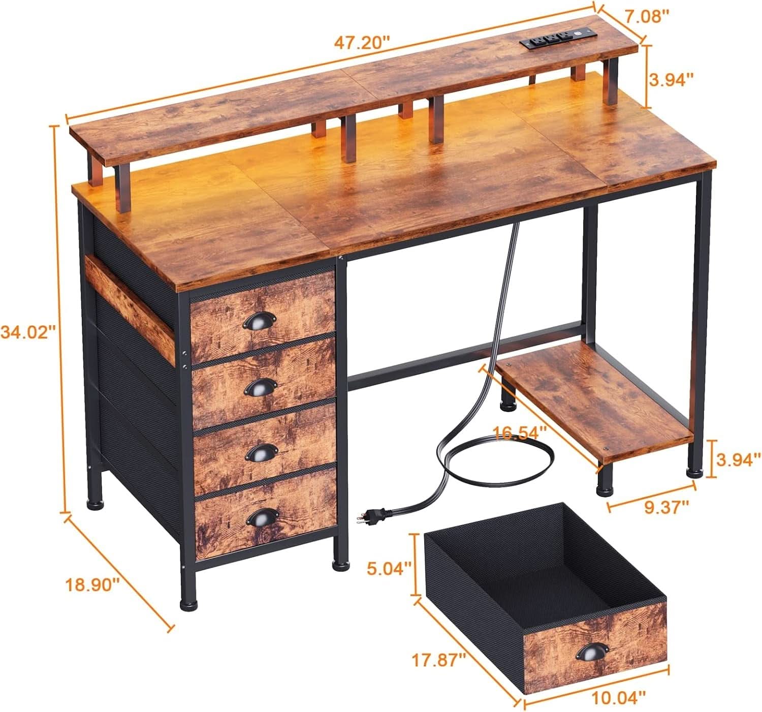 47 Inch Gaming Desk with LED Lights and Drawers