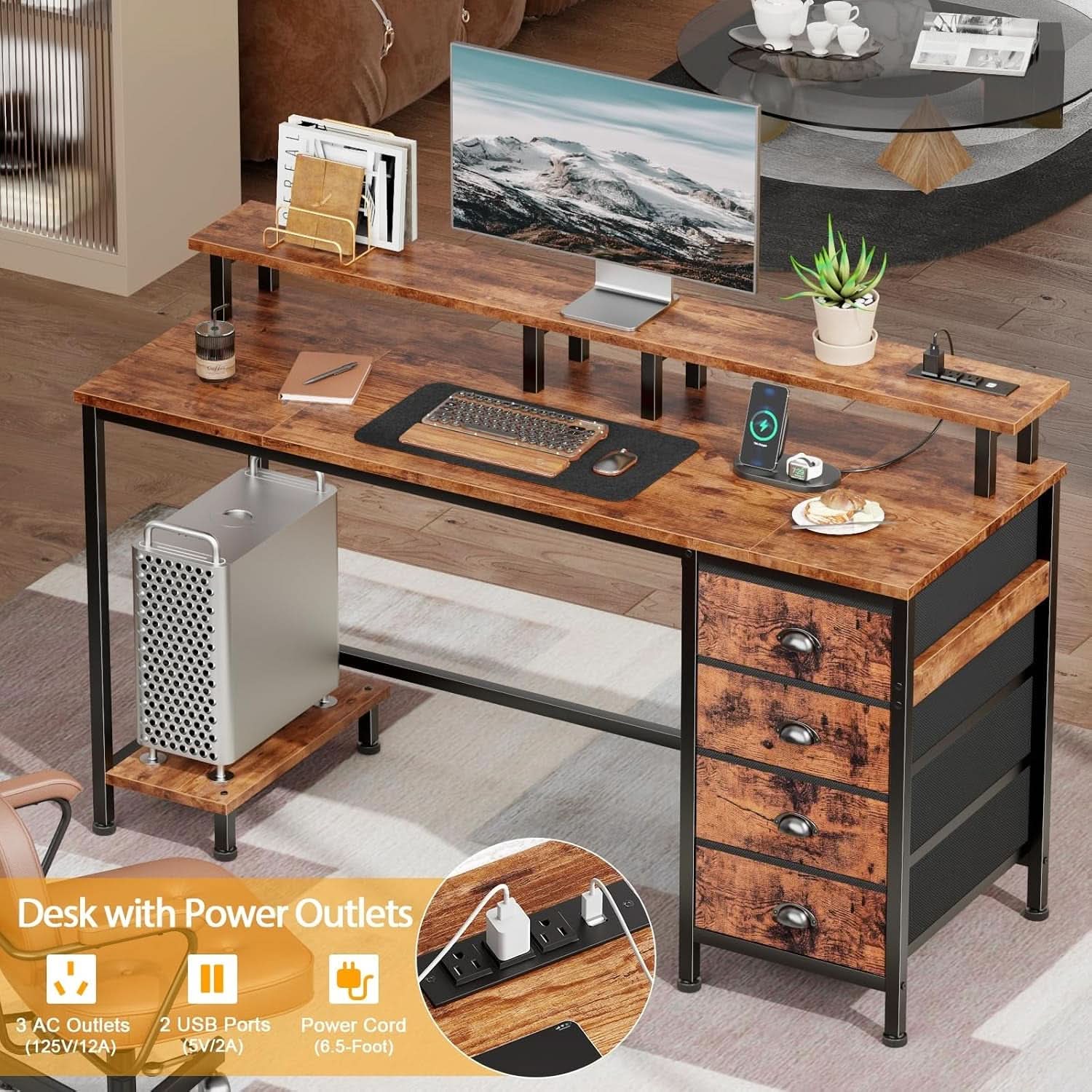 47 Inch Gaming Desk with LED Lights and Drawers
