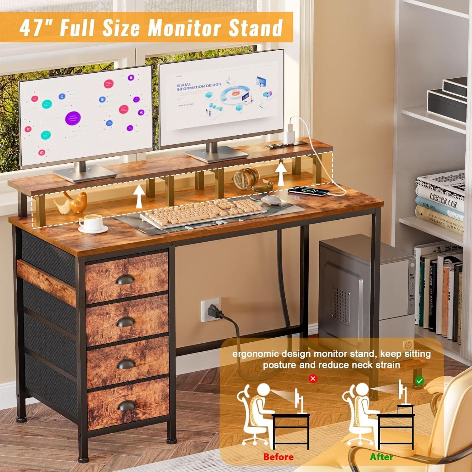 47 Inch Gaming Desk with LED Lights and Drawers