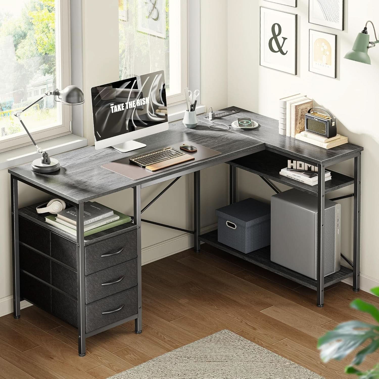47 Inch L Shaped Desk With Power Outlets And 3 Drawers Grey