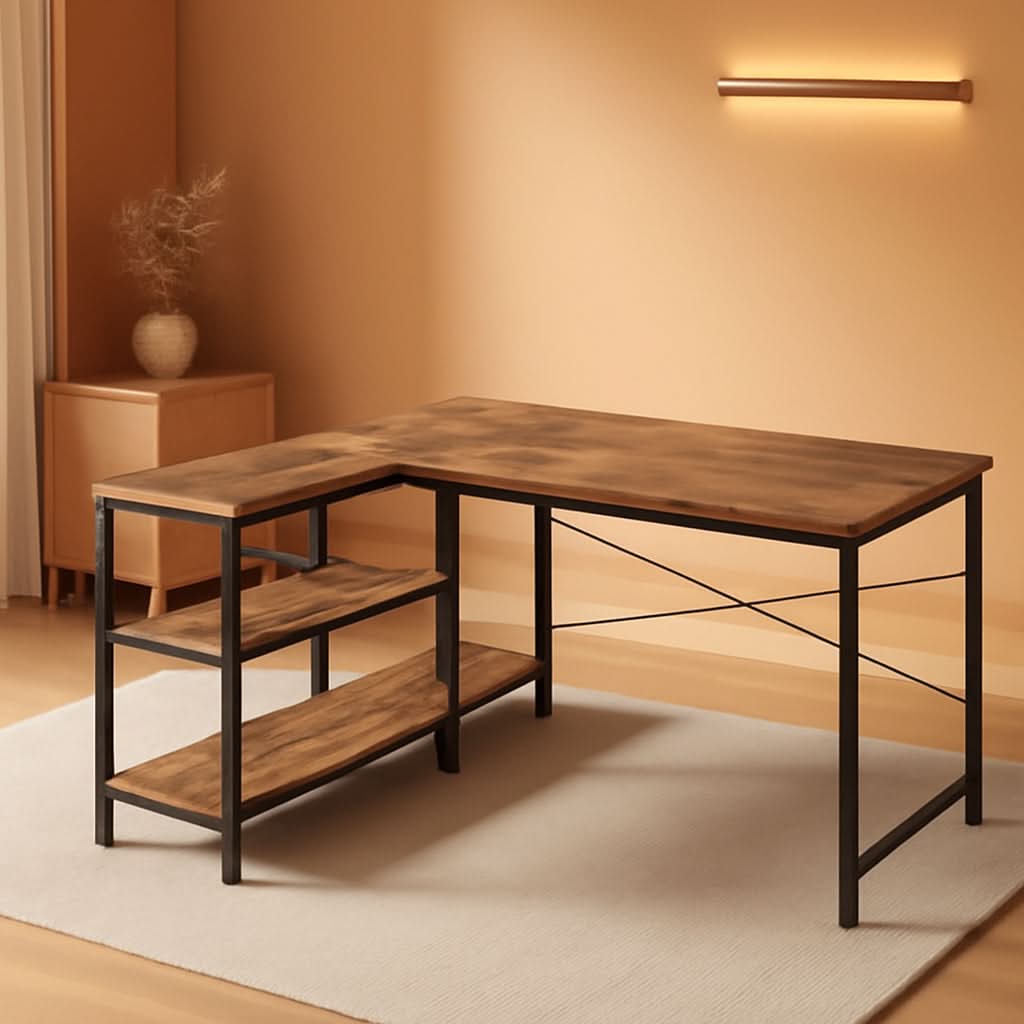 47 Inch L Shaped Desk With Reversible Shelves Rustic Brown