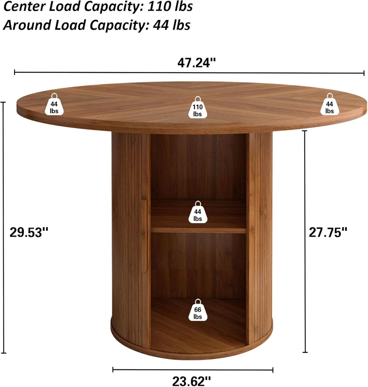 47 Inch Round Dining Table With Walnut Finish And Two Layer Storage Shelf