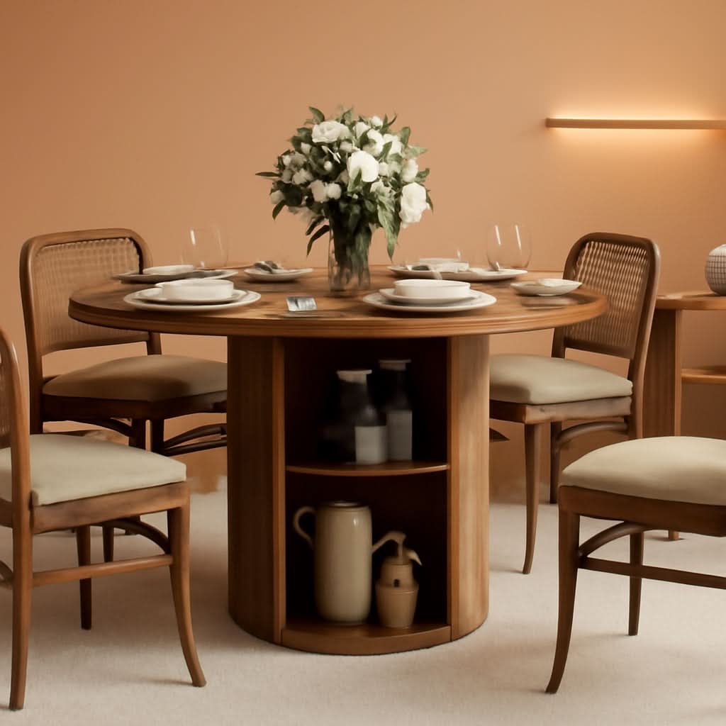 47 Inch Round Dining Table With Walnut Finish And Two Layer Storage Shelf