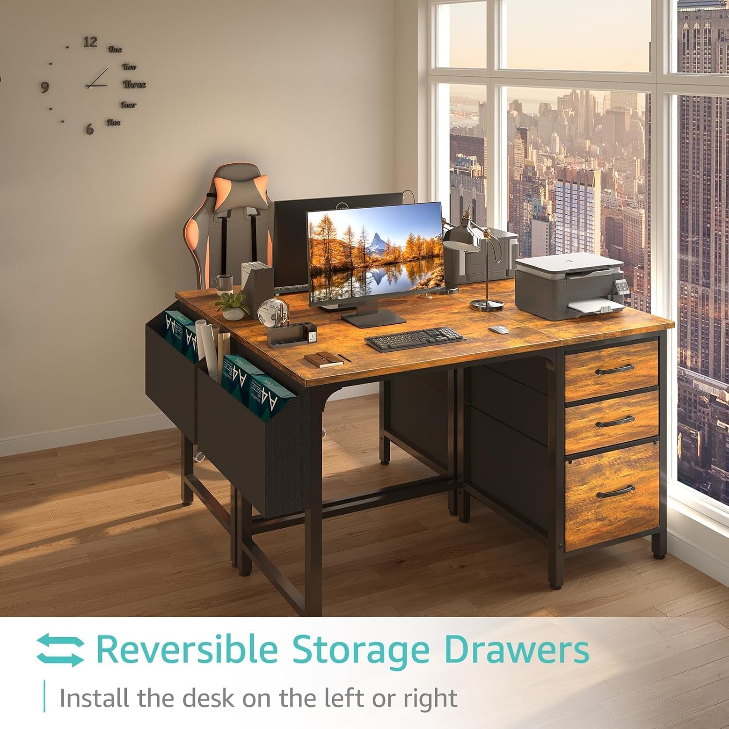 47-Inch Rustic Computer Desk With Fabric File Drawers