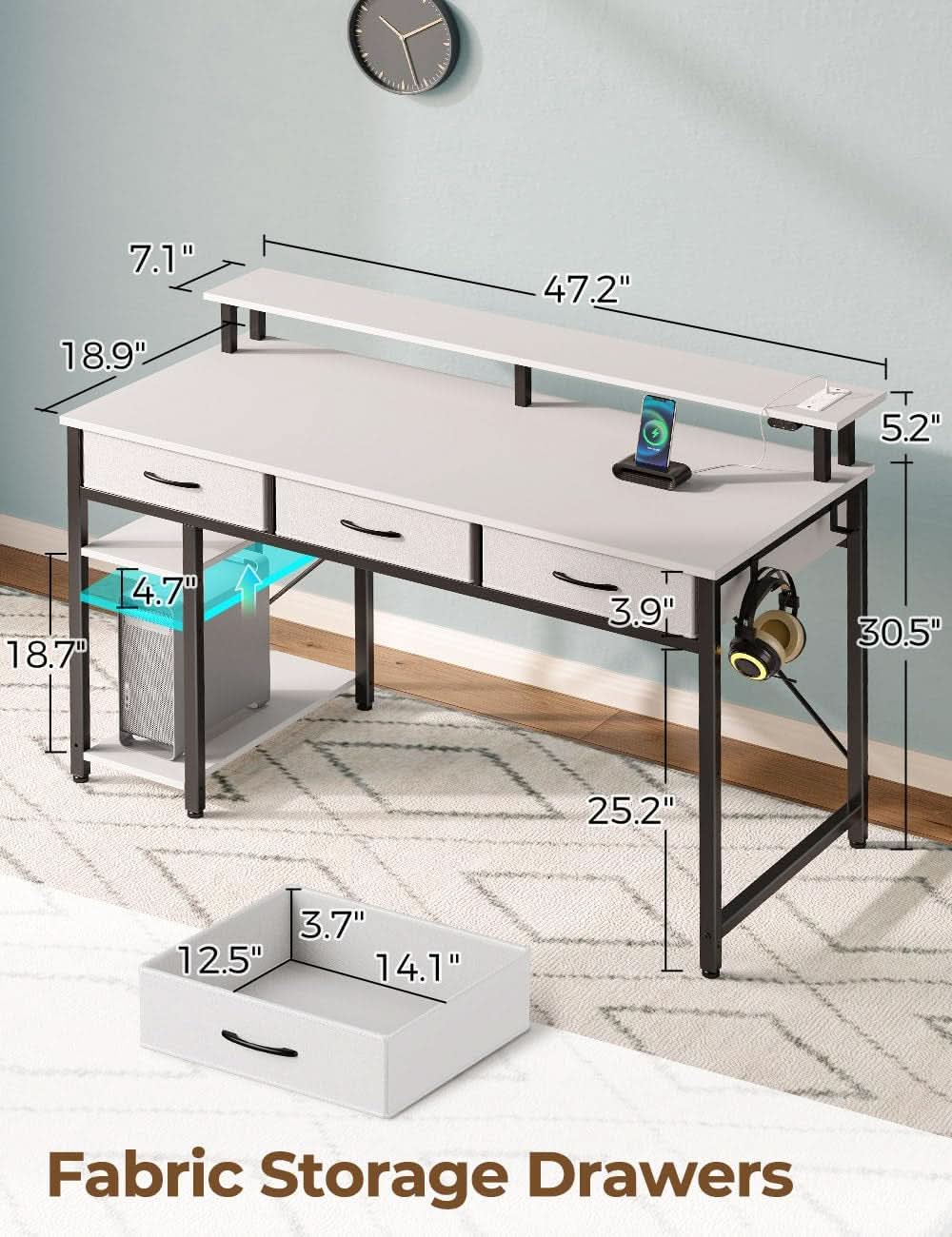 47 Inch White Computer Desk With Power Outlets And LED