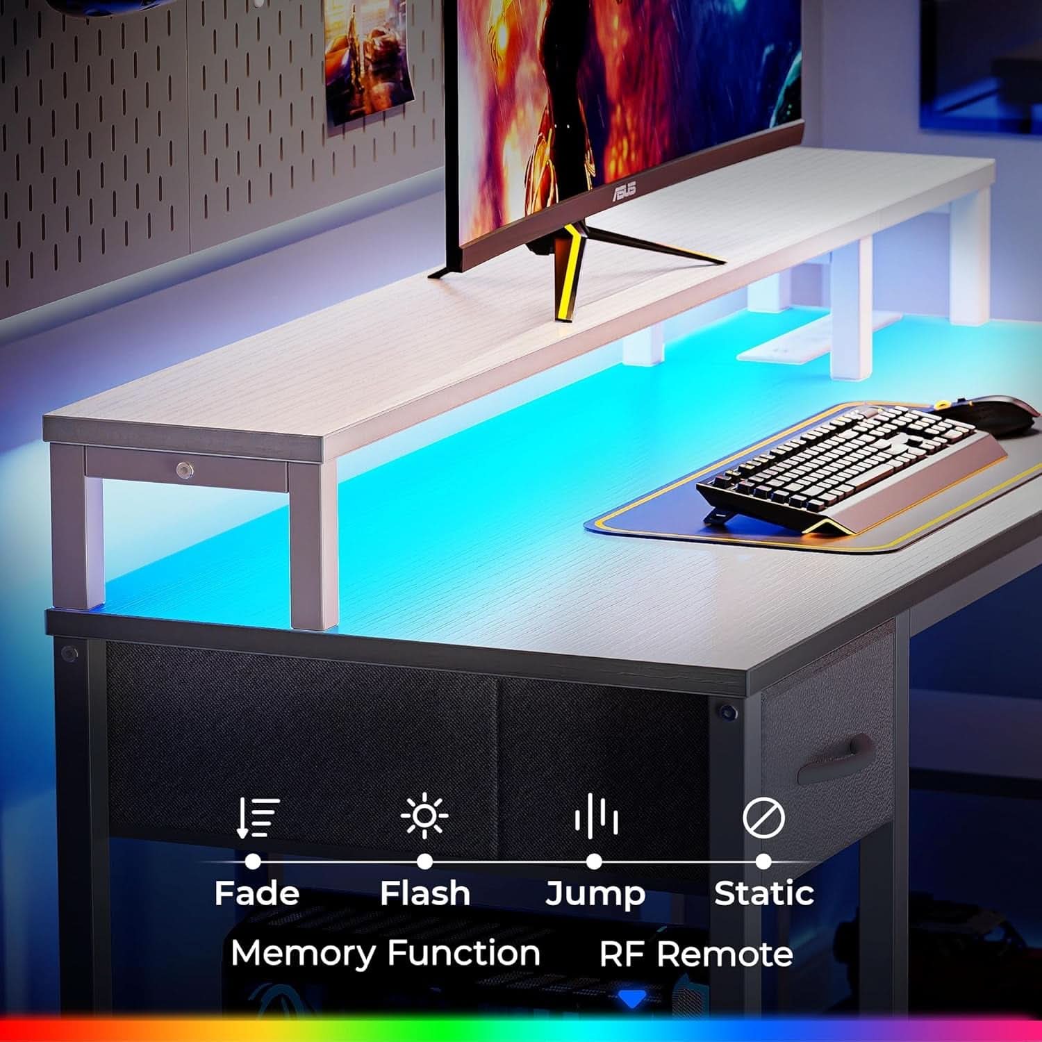 47 Inch White L Shaped Desk With LED Power Drawer Unit