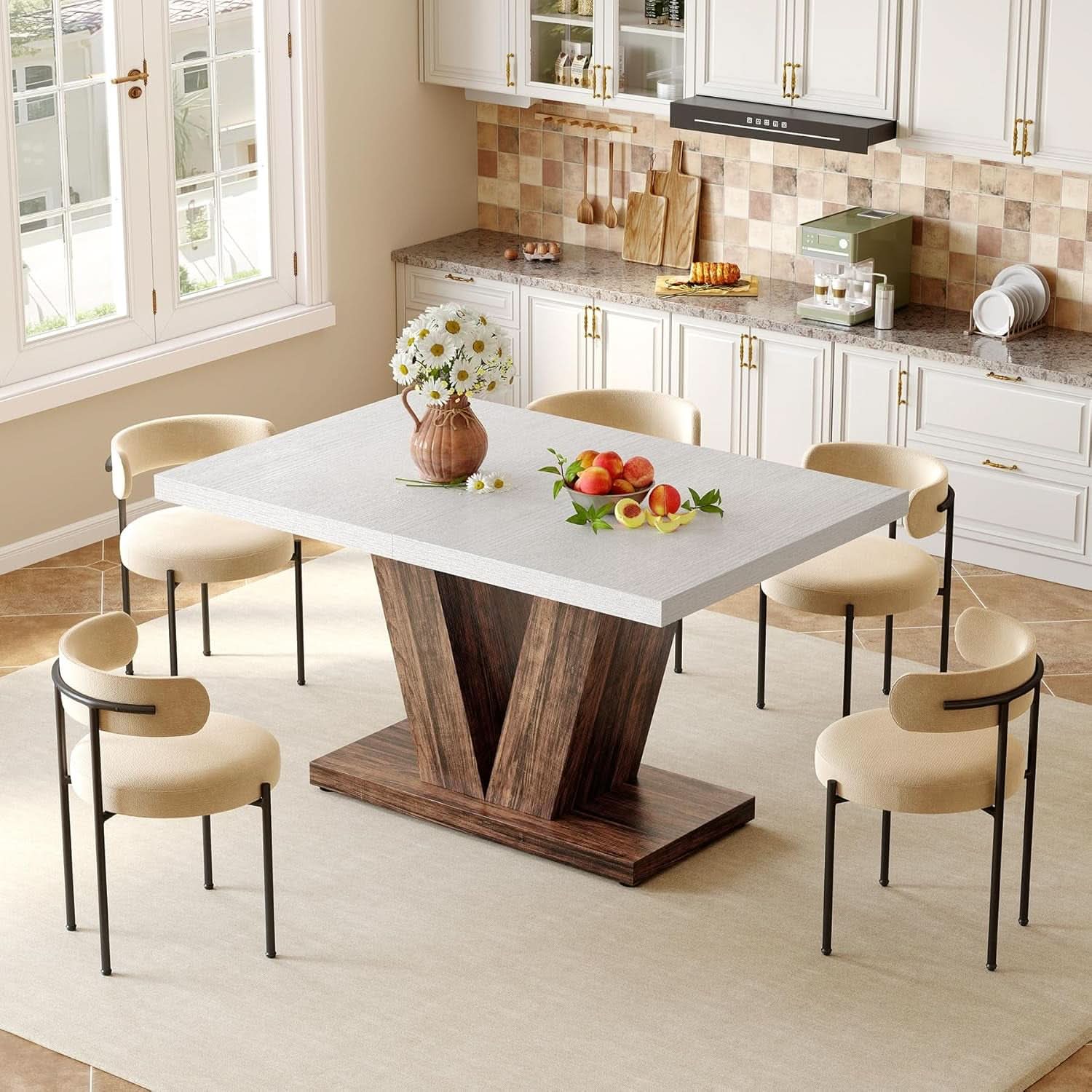 47 Inch White Rectangular Dining Table With Rustic Pedestal