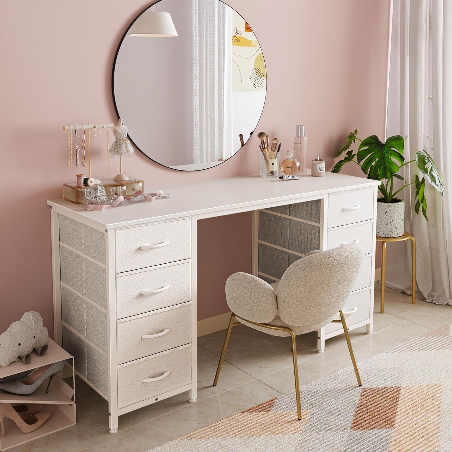 47 Inch White Vanity Desk With 8 Fabric Drawers And Storage