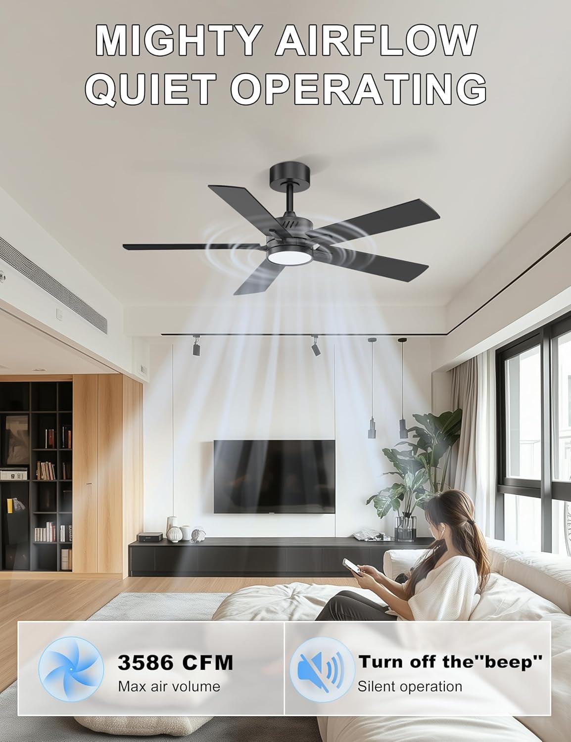48 Inch Ceiling Fan With Dimmable LED Light Matte Black