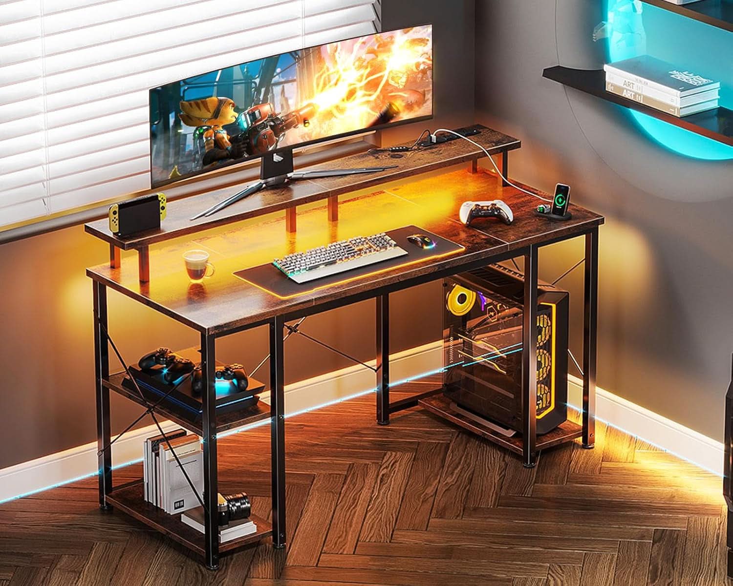 48 Inch Gaming Desk With Monitor Stand And LED Lighting