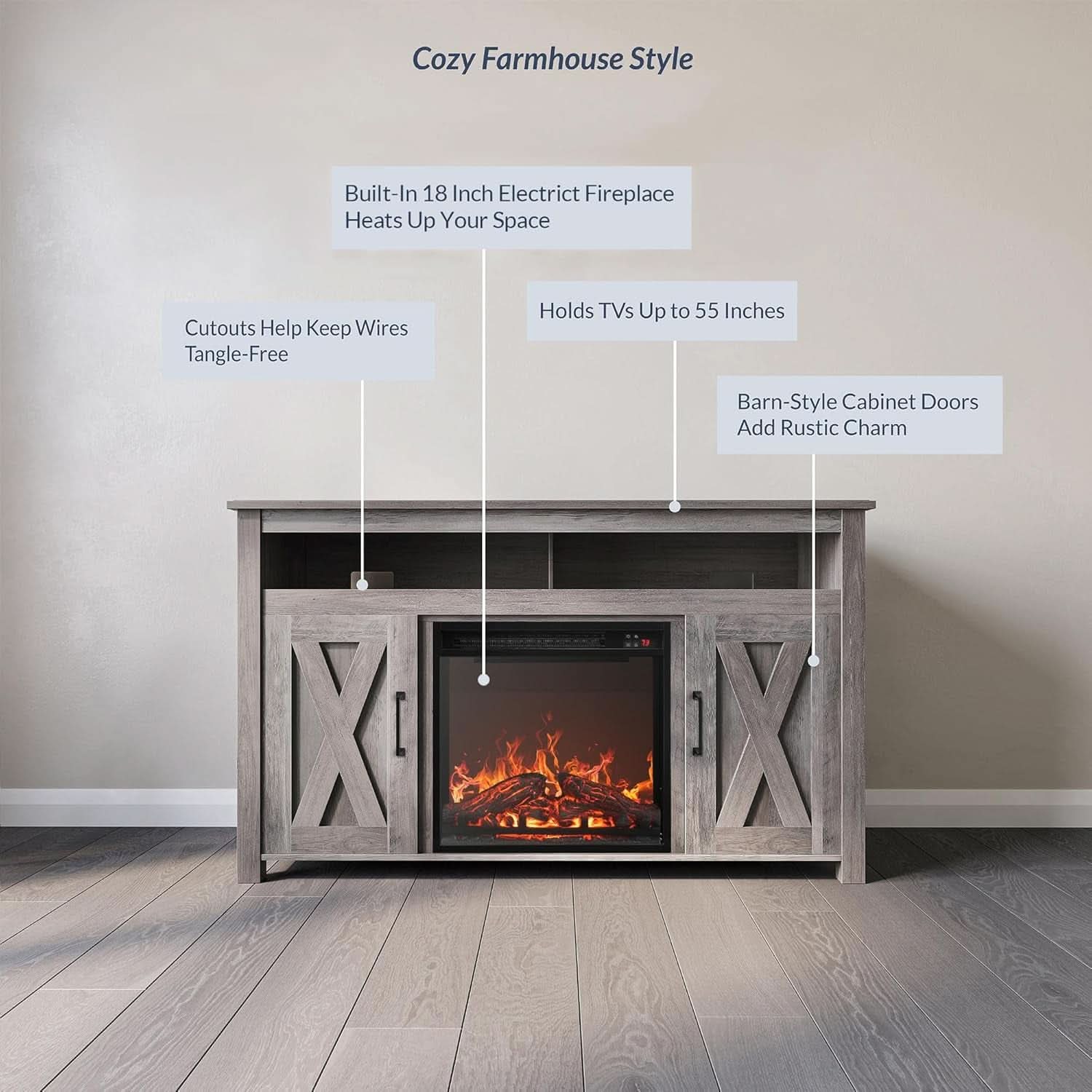 48 Inch Grey Wash TV Stand With Electric Fireplace
