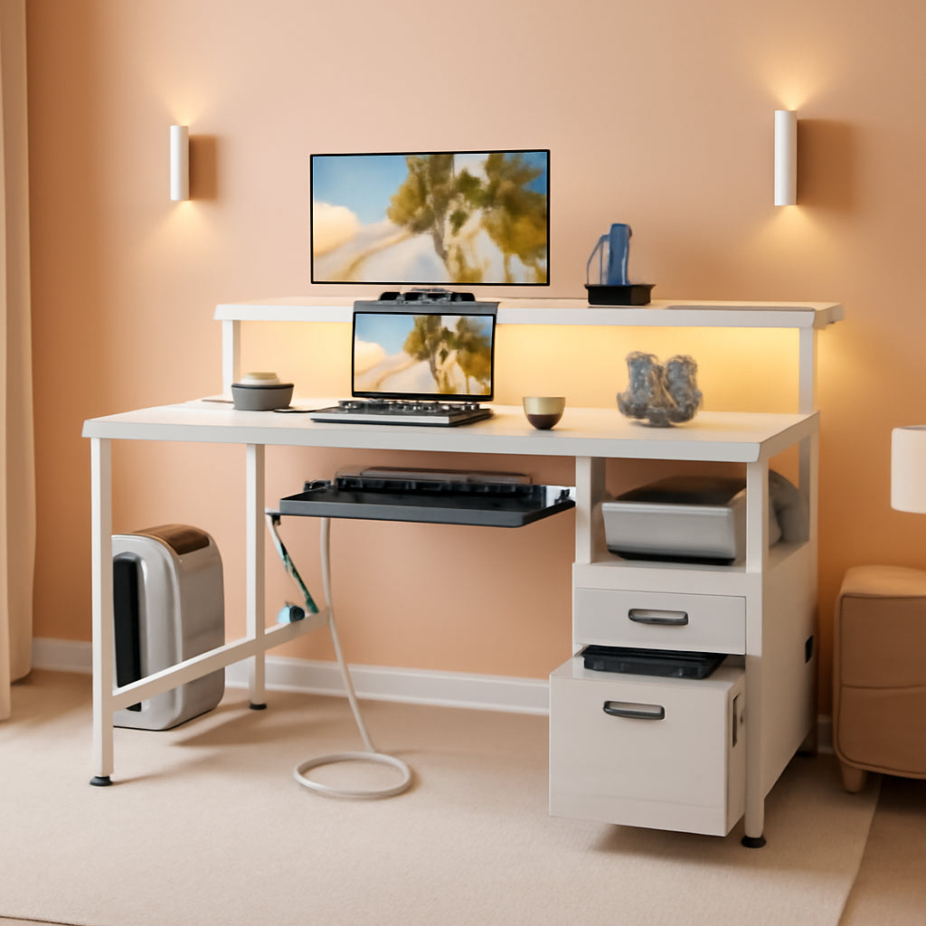 48 Inch White Computer Desk With USB Ports And LED Light