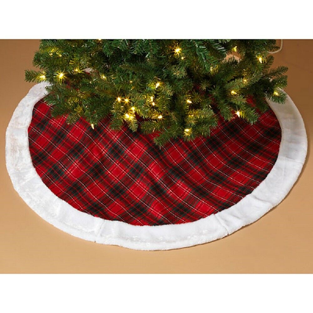 48" Red Plaid Tree Skirt With Faux Fur Border