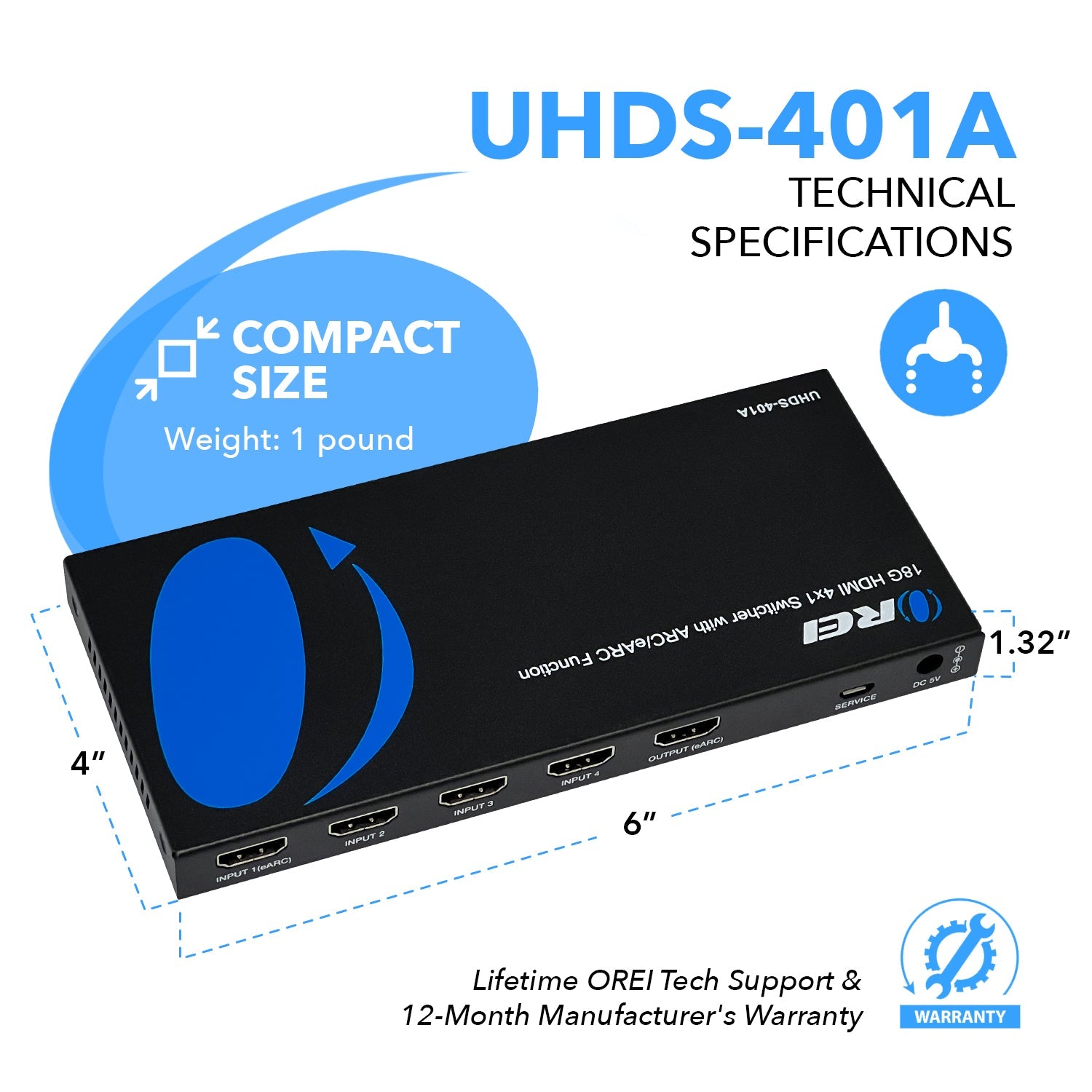 4K HDMI 2.0 4x1 HDMI Switch With Audio Extractor ARC (UHDS-401A-O)
